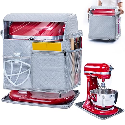 BAGSPRITE Stand Mixer Cover with Detachable Appliance Sliders Base Compatible with KitchenAid Mixer-Storage Bag for 4.5/5 Quart with Pockets for Kitchen Aid Accessories and Attachments