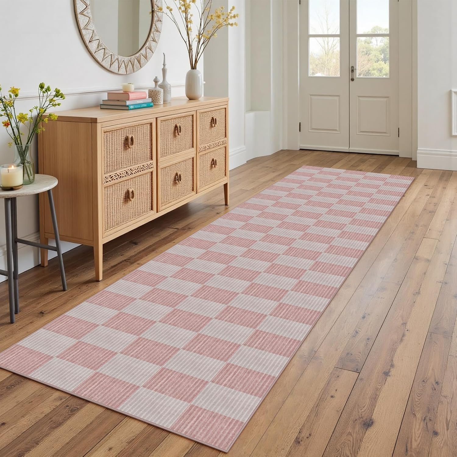 Washable Checkered Runner Rug, 2.6x8 Pink Rug Runners for Hallways Non-Slip, Soft Low Pile Modern Geometric Entryway Runner Rug Farmhouse Throw Carpet for Nursery Kitchen Bathroom Porch