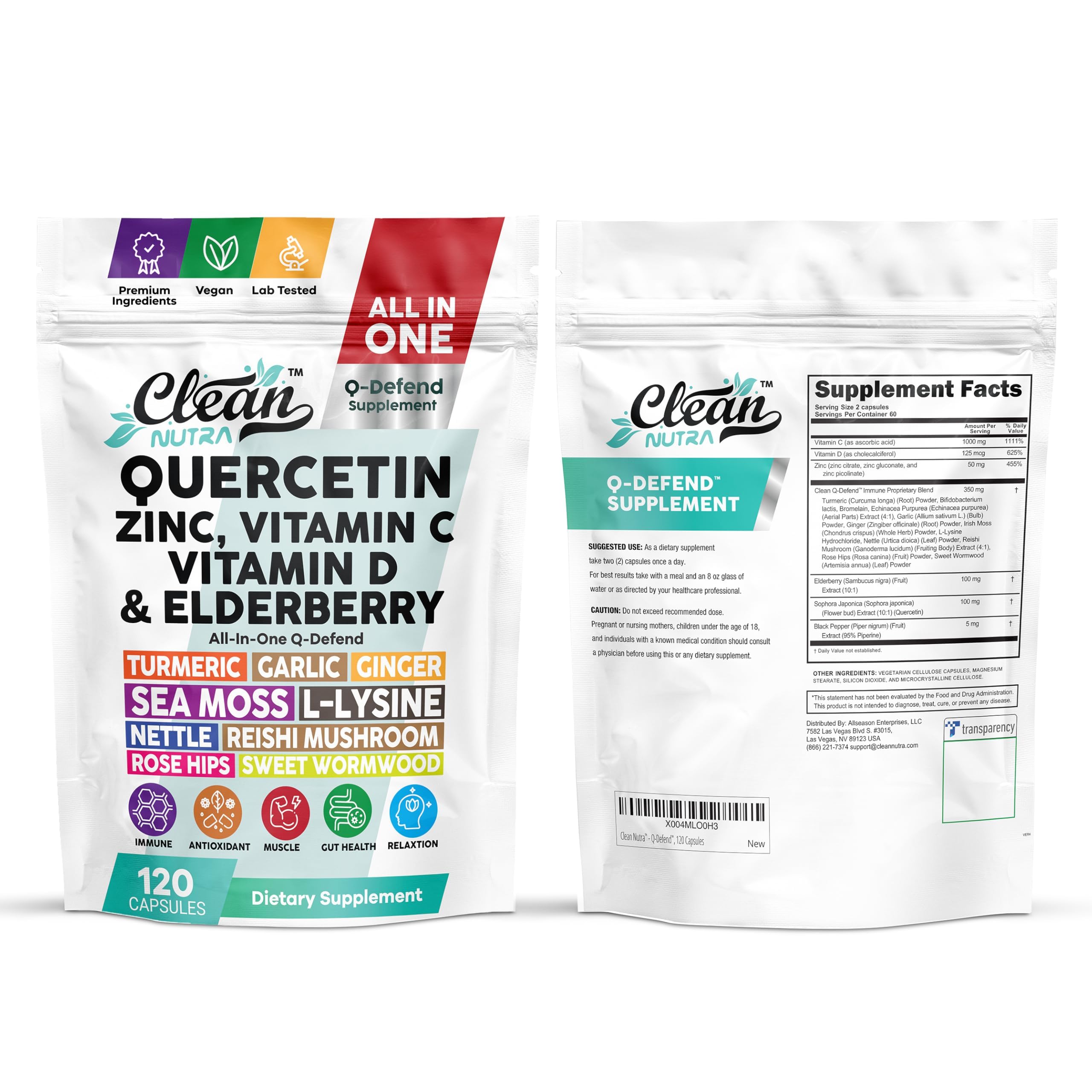 Q Defend Quercetin Supplement with Zinc Vitamin C Vitamin D Elderberry Turmeric Black Pepper Garlic Ginger Sea Moss Lysine Stinging Nettle Reishi Mushroom Immune Support 120 Capsules by Clean Nutra — Amazon image 8
