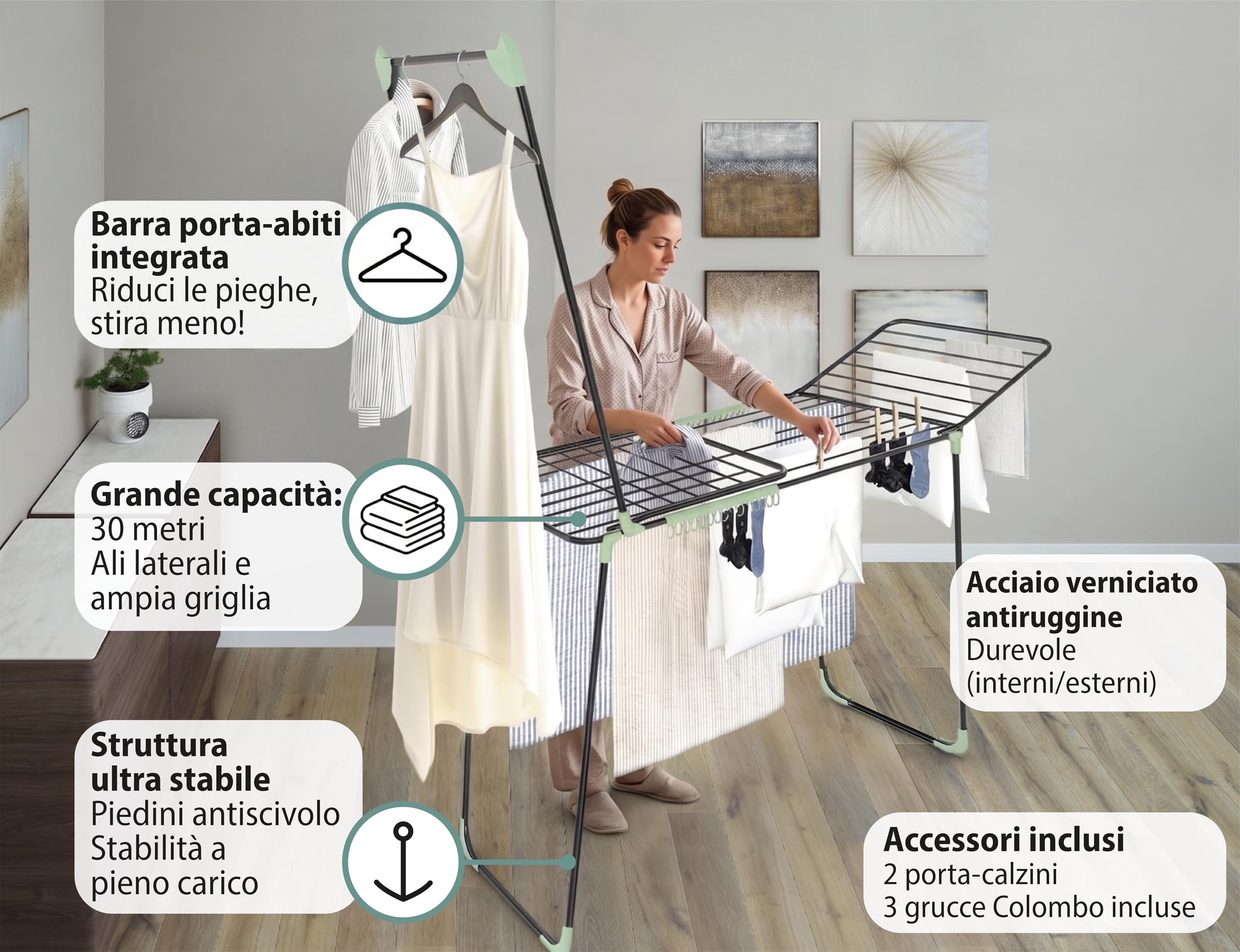 Colombo | Golden 30 Stendibiancheria a Ponte con 3 Grucce 30m Stenditura | Stendino Pieghevole con Ali, con Barra Porta Abiti e Porta Calzini | Acciaio Antiruggine | Include 3 Grucce | Made in Italy