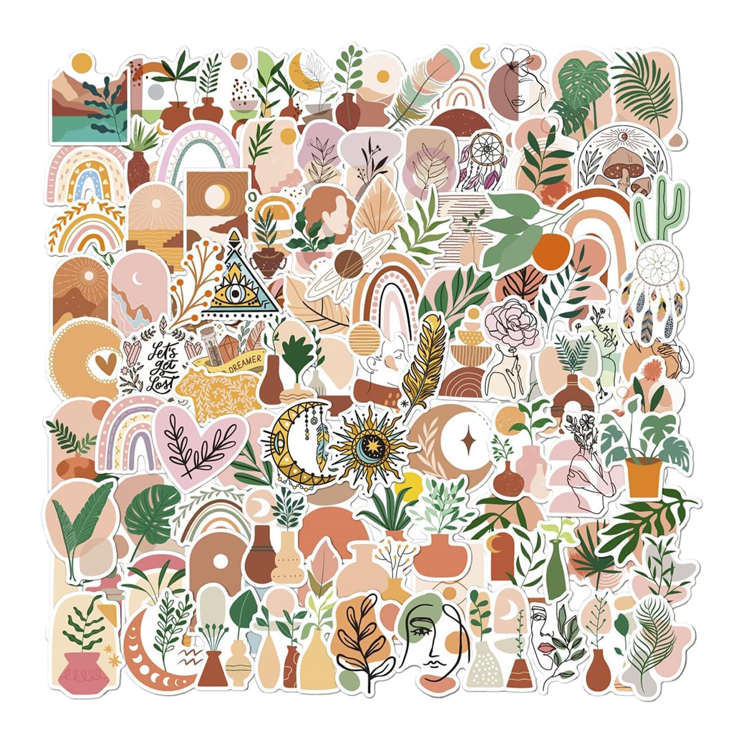 Hopzab 100 Pcs Boho Aesthetic Stickers Waterproof Vinyl Stickers Bohemia Decoration Sticker Packs for Water Bottle Laptop Phone Pad Skateboard Diary Suitcase Scrapbooks Guitar Notebook