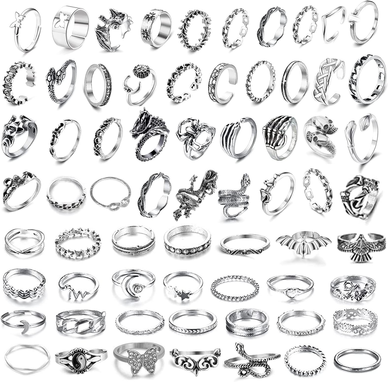 66 Pcs Vintage Silver Knuckle Rings Set for Women Teen Girls, Bohemian Stackable Finger Rings Adjustable Chunky Finger Stackable Midi Fashion Finger Silver Midi Rings Pack