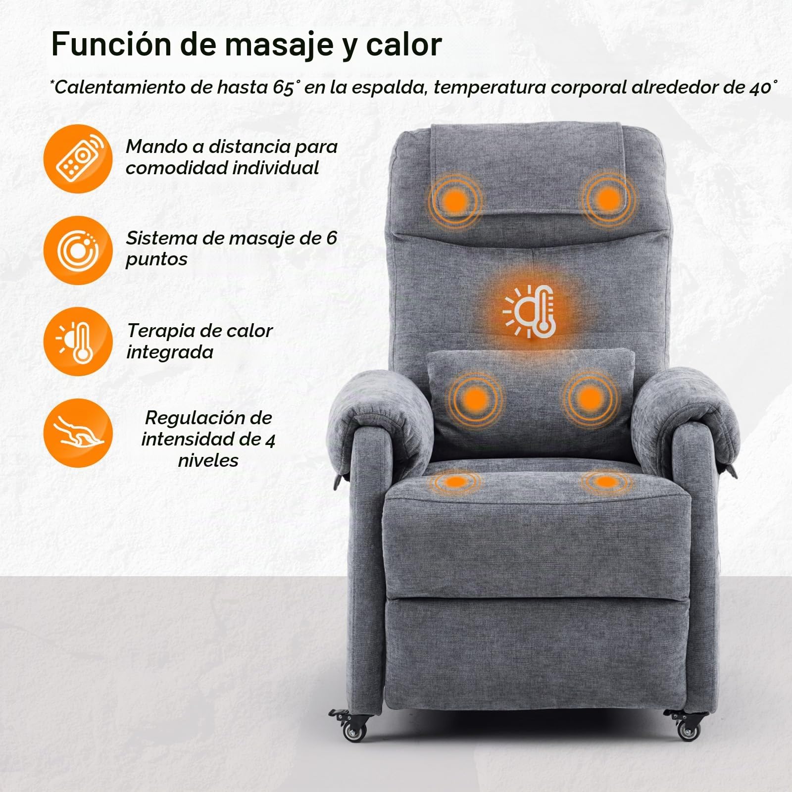 Bonnlo Sillón de relax, sillón de televisión, sillón de masaje eléctrico con función reclinable, sillón de TV, masaje de 6 puntos y función de calor, puertos USB-C y USB-A, 1 bolsillo lateral, tela de