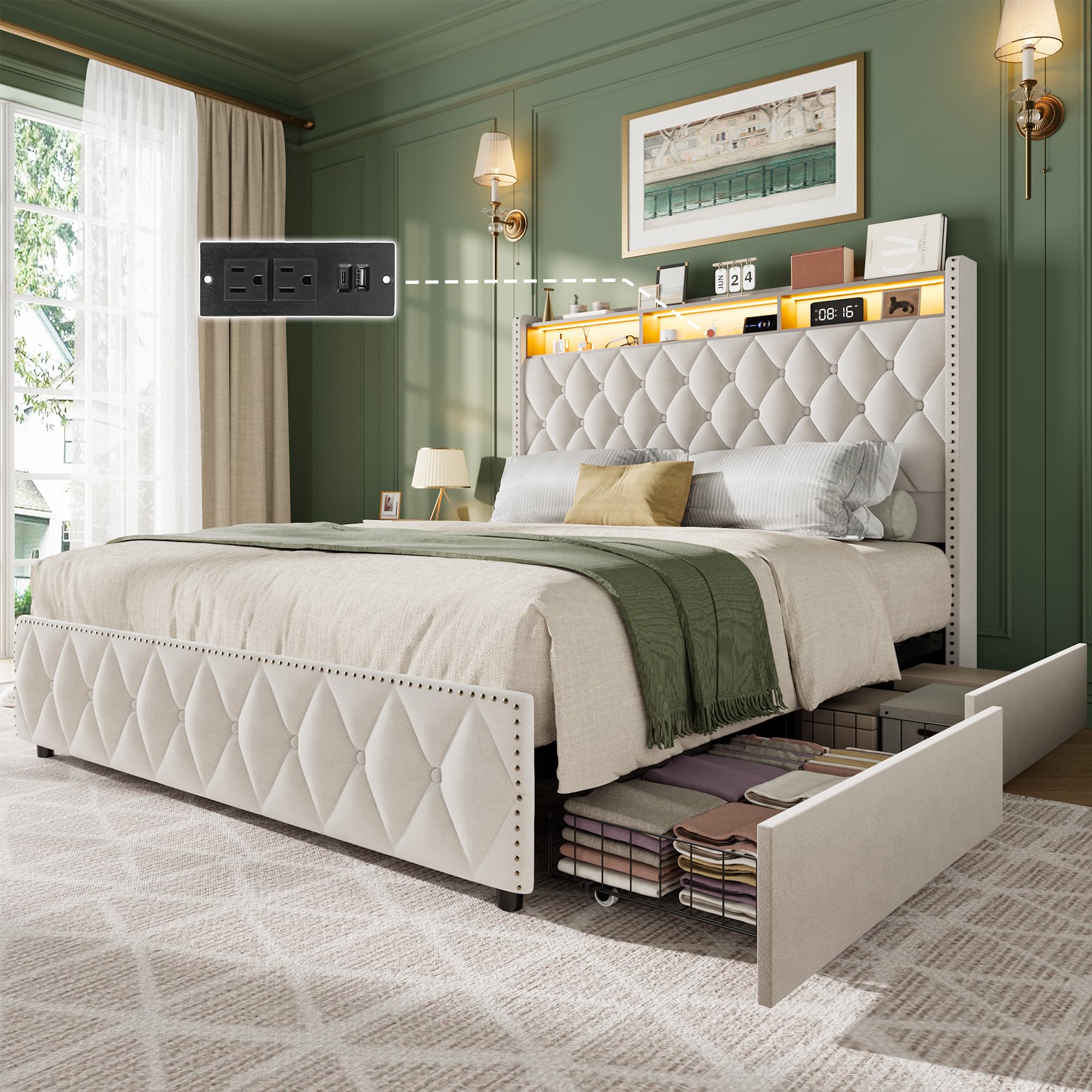 GarveeHome King Size Bed Frame with 50 8 in Tall Headboard Platform Velvet Upholstered Bed Frame with 4