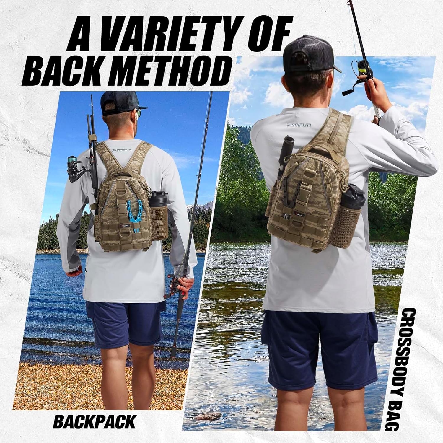 Piscifun Fishing Backpack with Rod Holder, Lightweight Sling Bag Storge Gear and Equipment