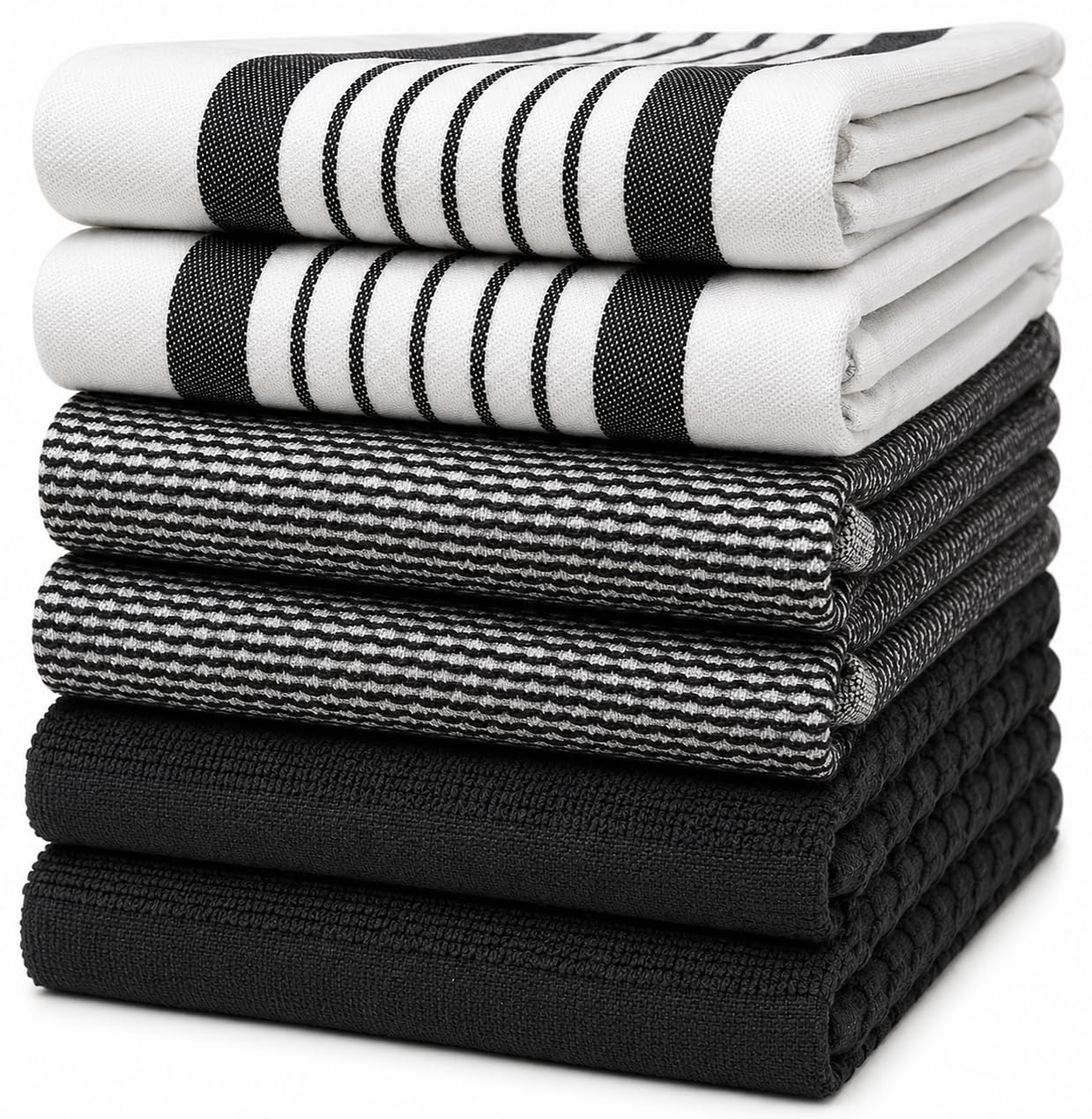 Premium Kitchen Towels 6 Pack 100% Cotton 20"x28" Dish Towels Black Striped
