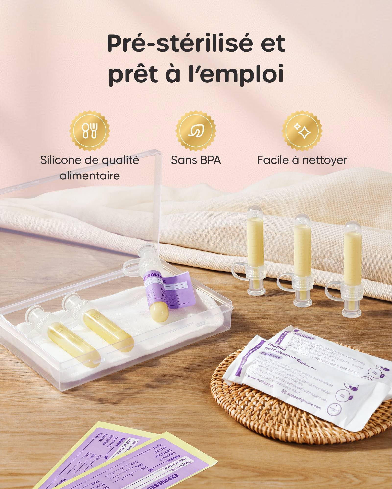 Nuliie Kit collecteur de colostrum 7 ml/8 pièces, étanche, réutilisable, résistant à la chaleur et au congélateur, sans BPA, avec lingette en coton, étui de rangement, brosse de nettoyage, prêt à