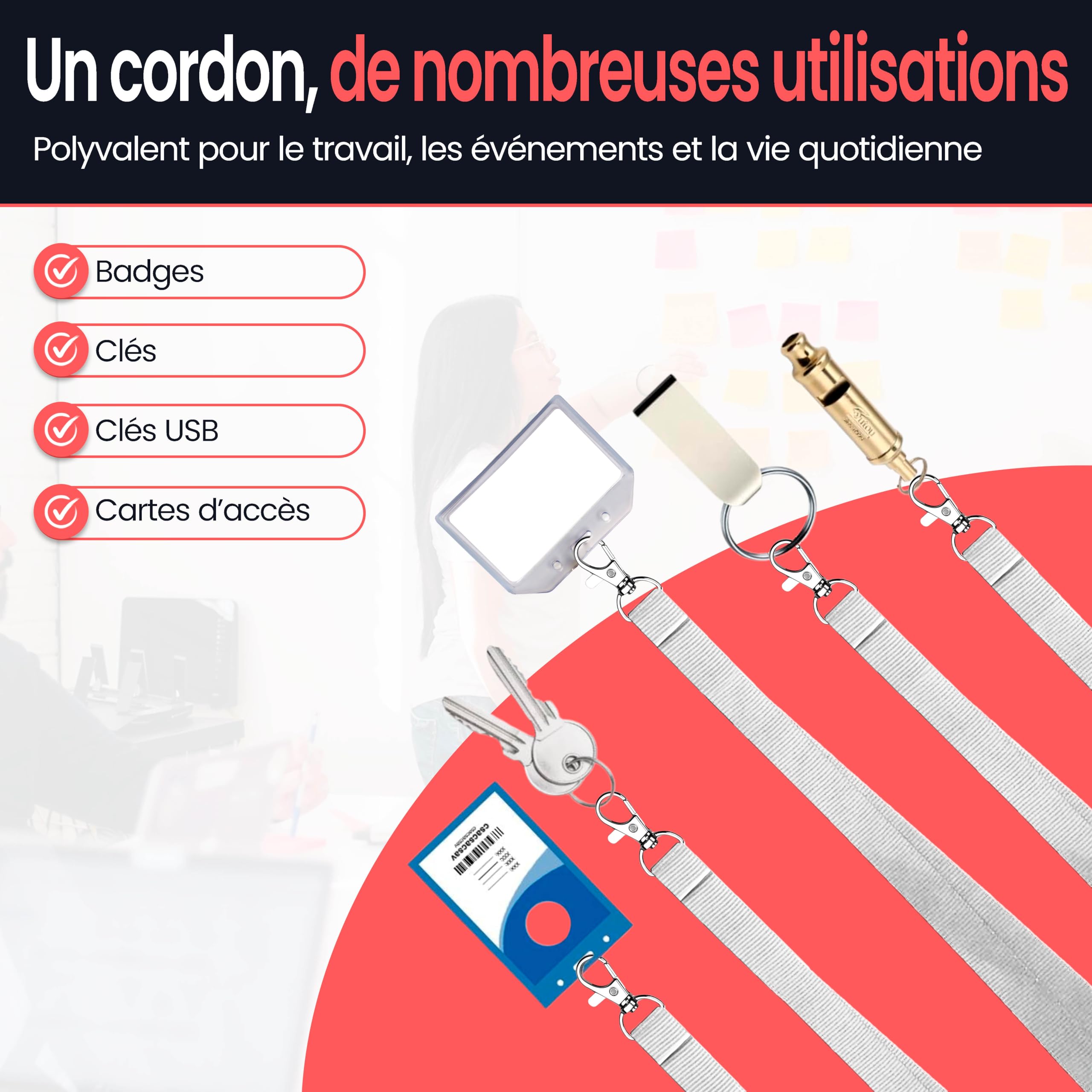 Pack Cordons Pour Badge Avec Mousqueton Métallique - Lanyard Polyester 2cm x 46cm - Tour De Cou Porte Badge Pour Clés, USB, Cartes ID Et Accessoires