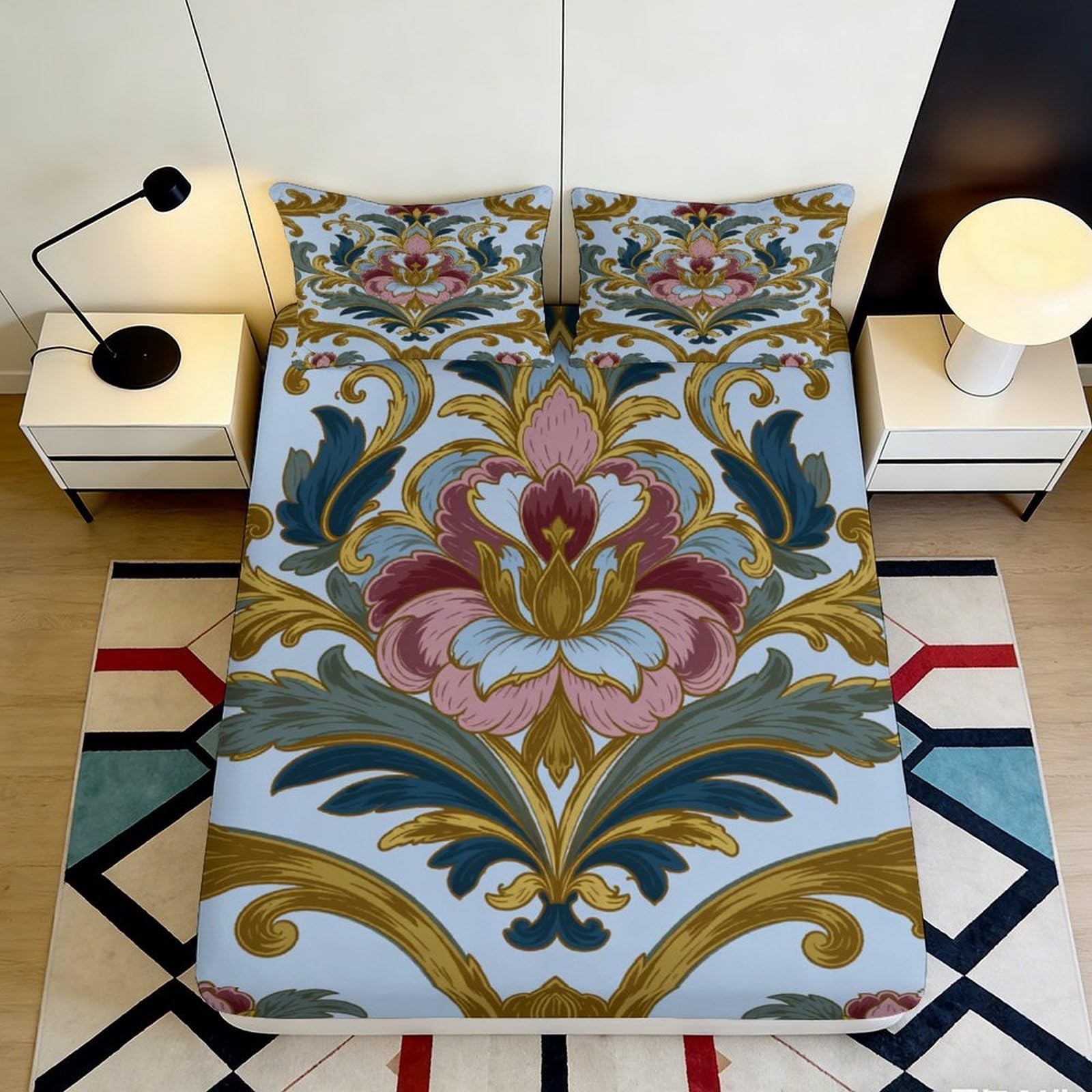 Pnayamiorkfel Style-5 3D Printed Baroque Floral Fitted Sheet Microfiber Soft Breathable Vintage Ornate Bed Cover For Bedroom Decor 90X200x25cm