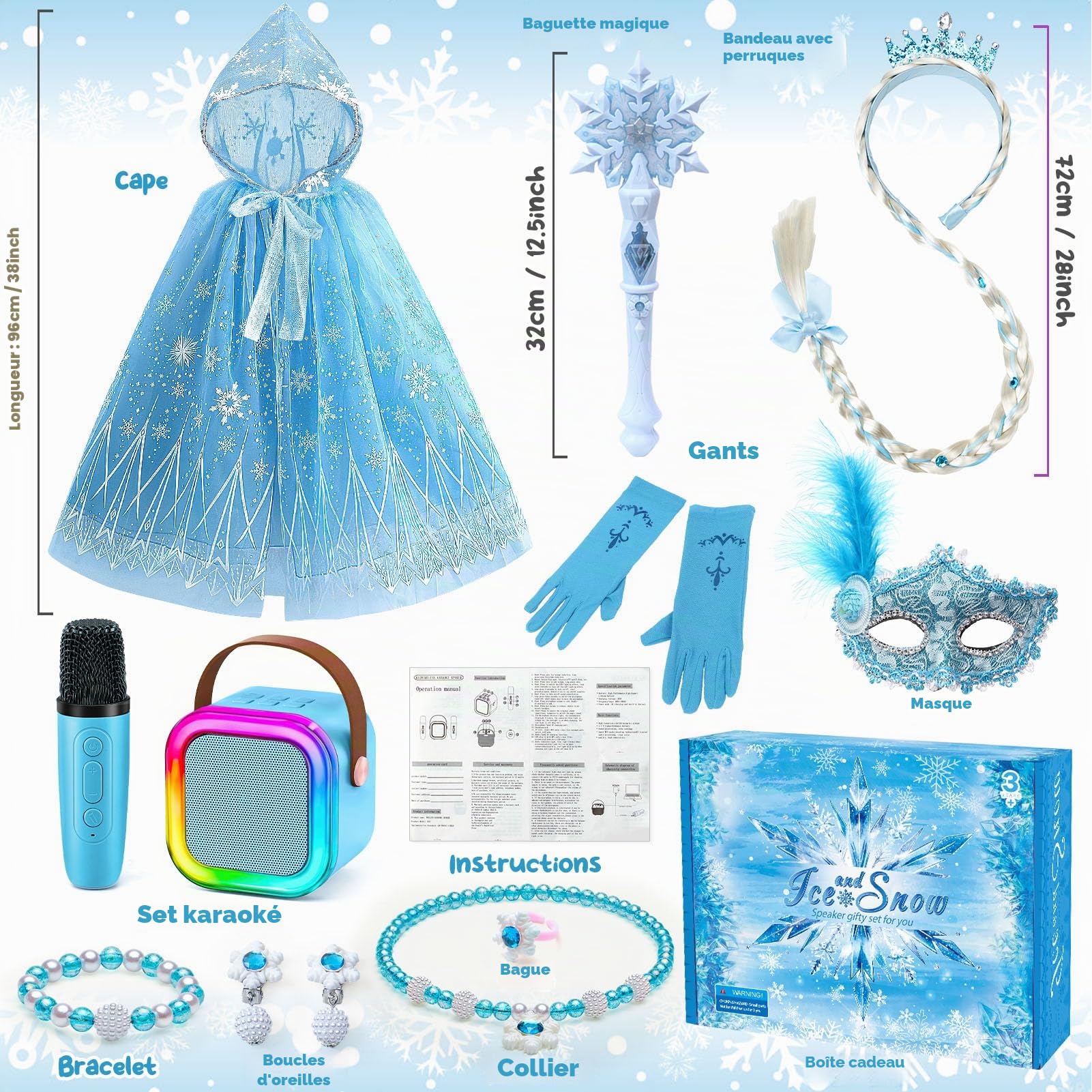 G.C Reine des Neiges Jouet Cadeau Fille 4 5 6 7 8 Ans, LED Micro Karaoke Enfants avec & Micro & Déguisement Accessoires & Baguette Magique, Cadeau pour Enfant Fille