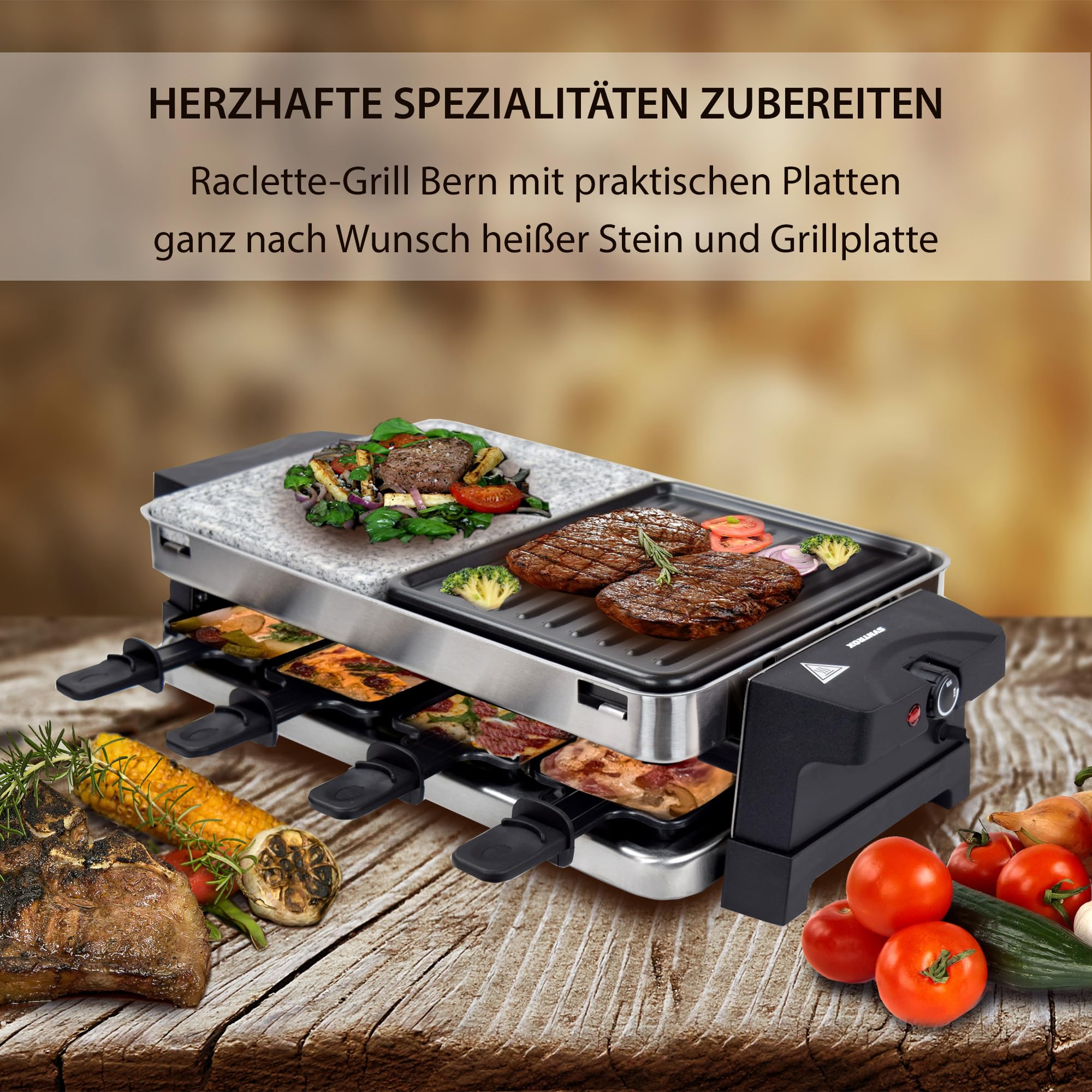 Syntrox Germany Raclette Bernus 8 Personen, 1500W Multifunktions-Grill mit Heißem Stein und Antihaft-Platte, Edelstahl inkl. 8 Pfännchen