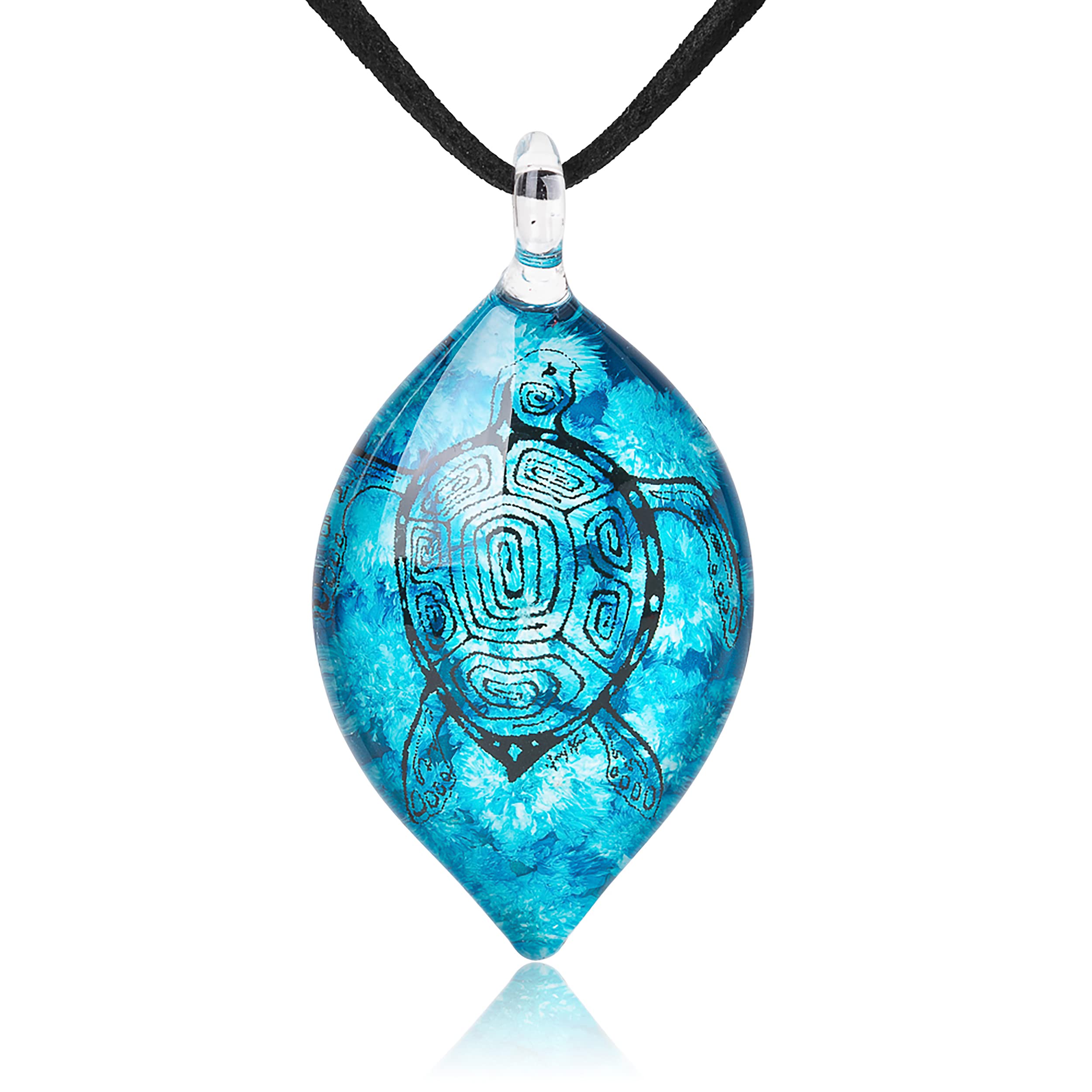 Hand Blown Glass Sea Turtle Ocean Blue Marquise Shape Pendant Necklace, 18 inches