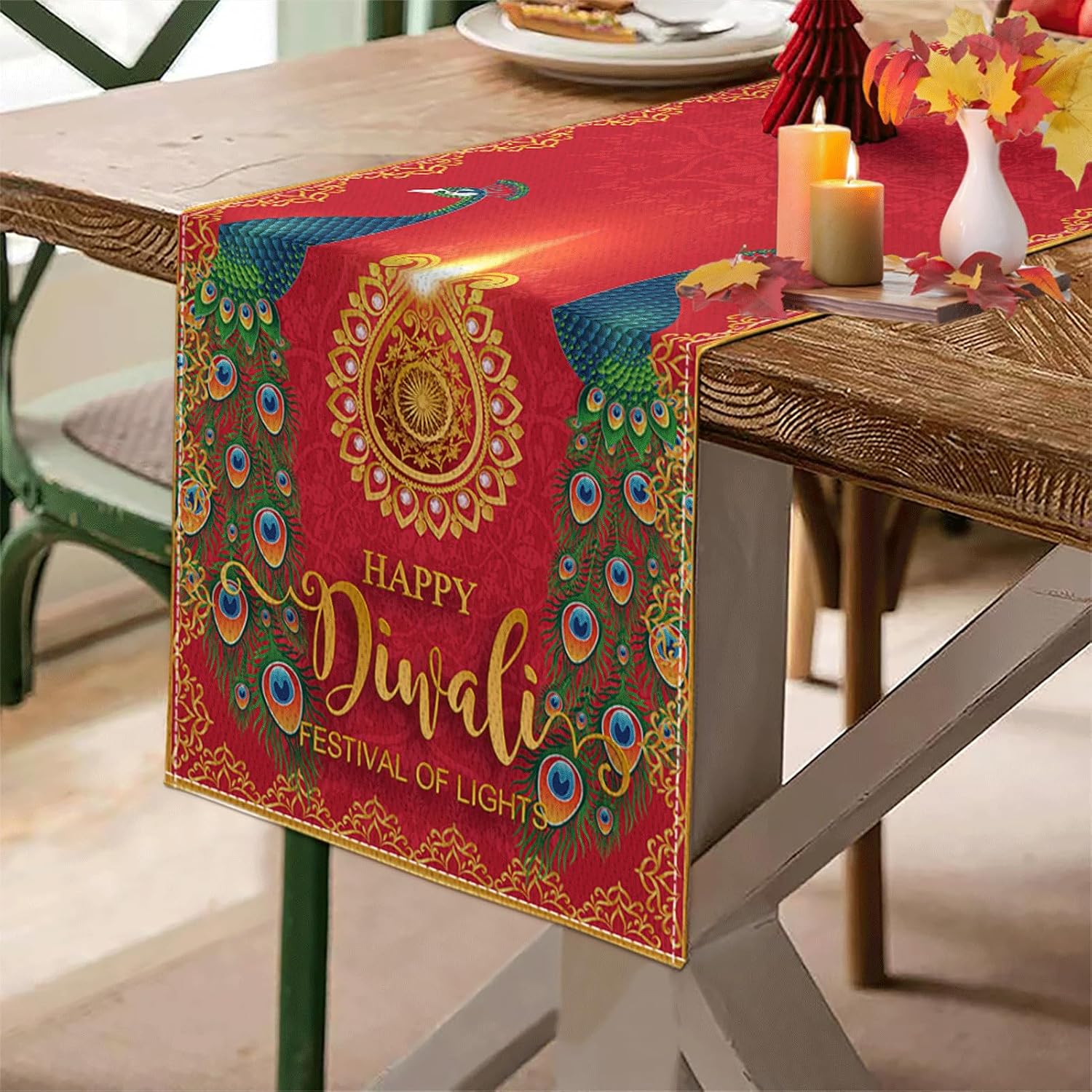 Diwali Table Runner,Indian Festival of Light Table Cloth Holiday Table Cover Diwali Decorations and Supplies for Home Kitchen Dining Room Party Decor (Red and Gold 03, 13 X 72 Inch) image 5