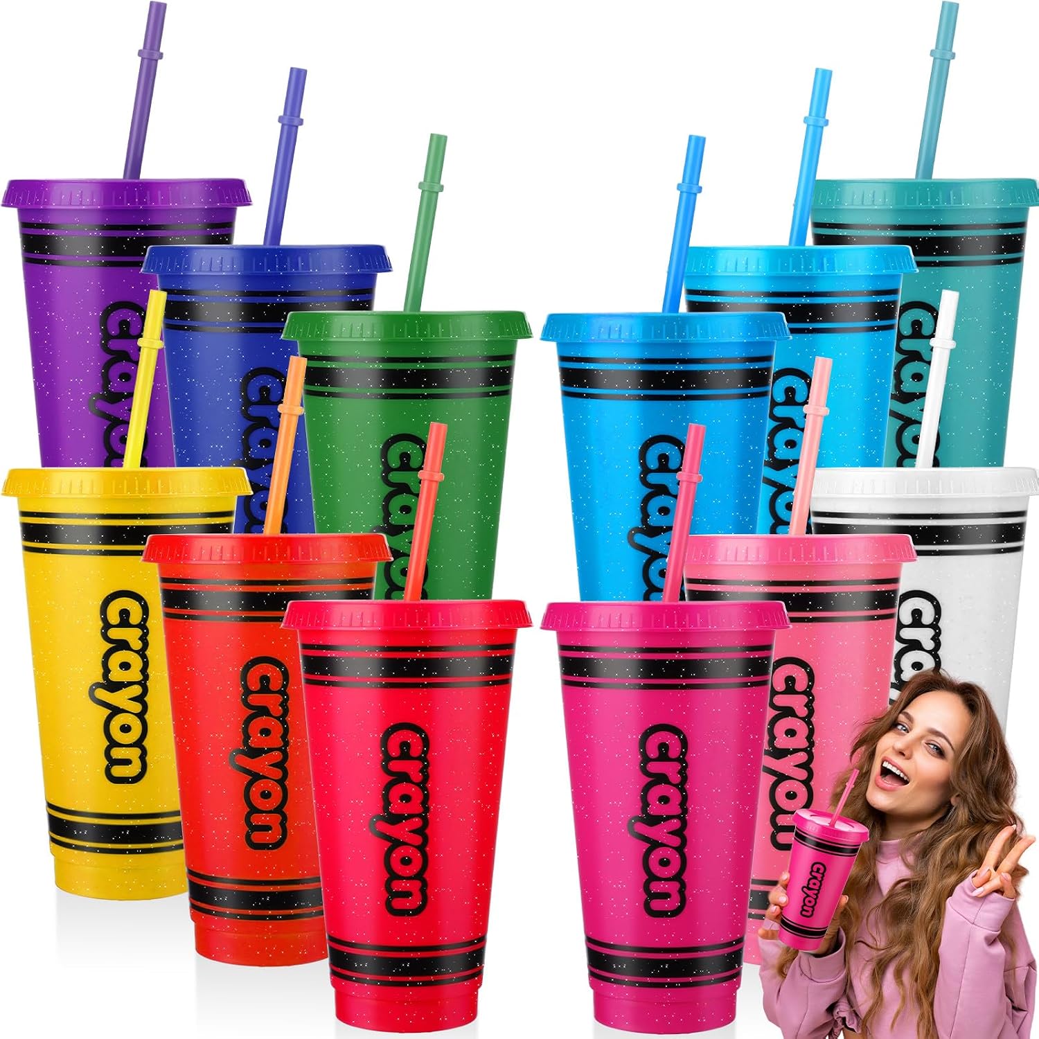 Skylety 12 Pcs Christmas Crayon Cups with Lid Straw, Plastic Tumblers Bulks