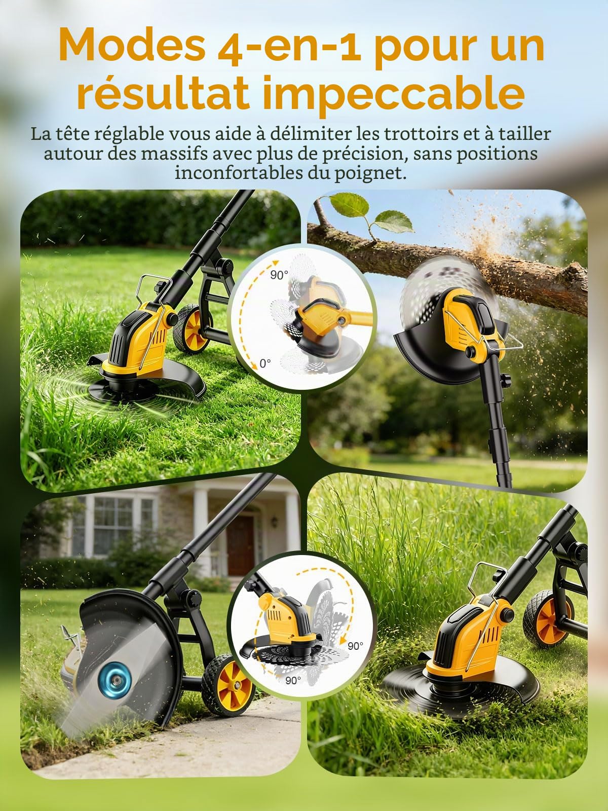 Débroussailleuses Electrique sans FI 21V,Coupe Bordures sans Fil avec 2 * 3.0Ah Batterie et Chargeur,Moteur Brushless 800W,30CM Débroussailleuse à Batterie avec Roue&4 Types Lames pour Jardin Élagage