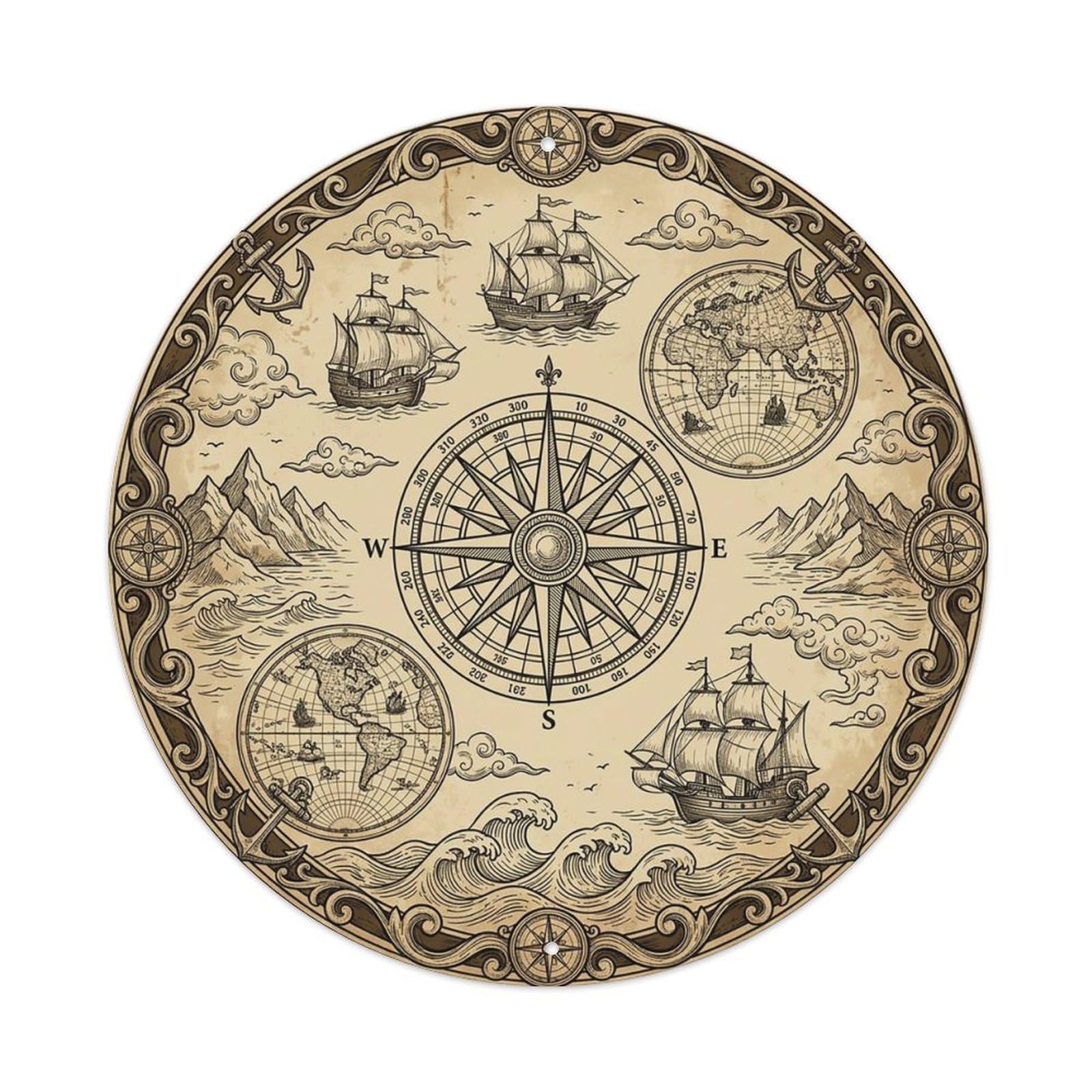 Vintage Nautical Compass World Map Coastline Path Metal Tin Sign