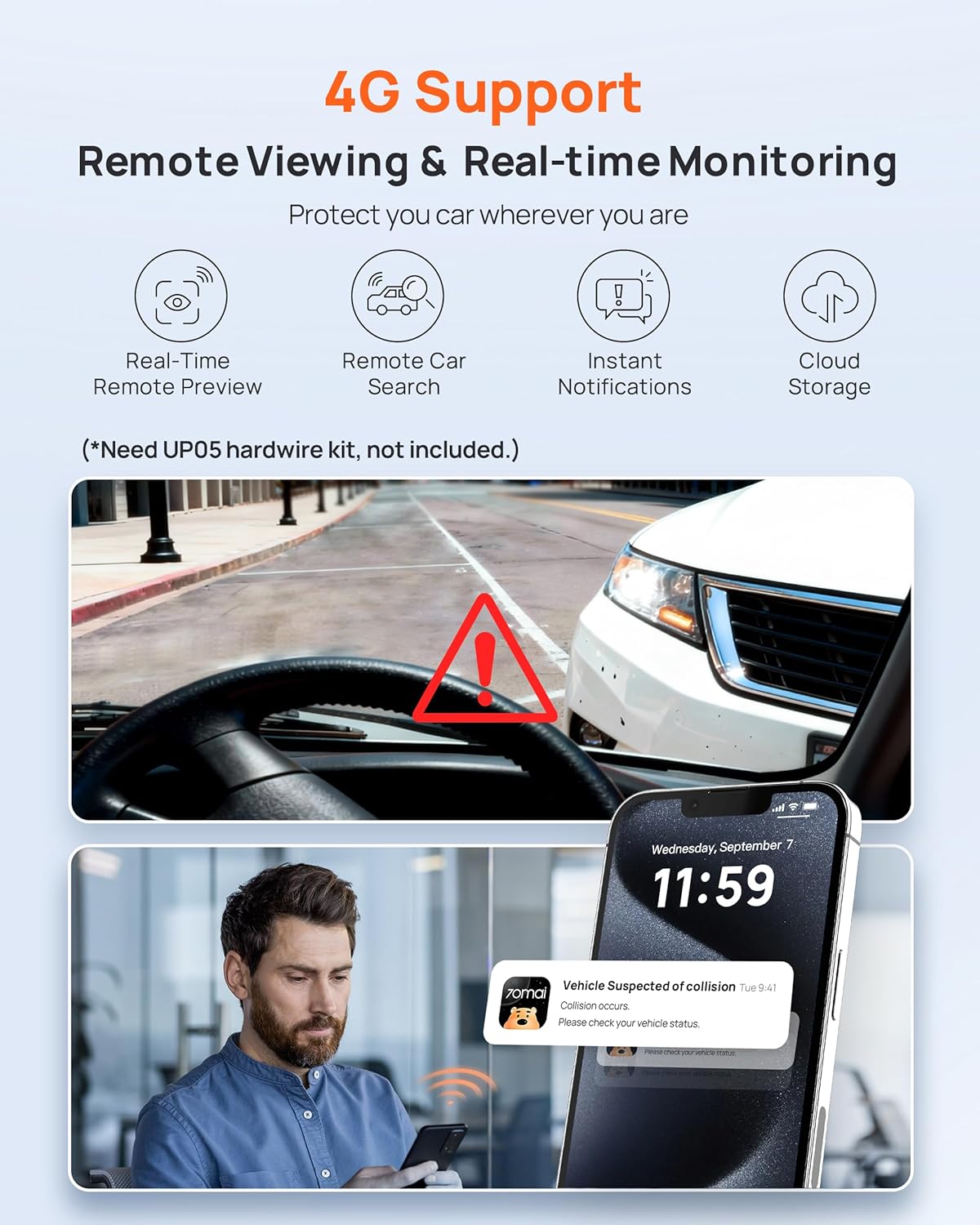70mai Dash Cam Front and Rear A510,1944P+1080P with STARVIS 2 IMX675 and 64GB Card, Dash Camera for Cars, 4G LTE Support, ADAS, Built-in GPS WiFi, APP Control, HDR, 24H Parking Mode, Loop Recording - Image 3