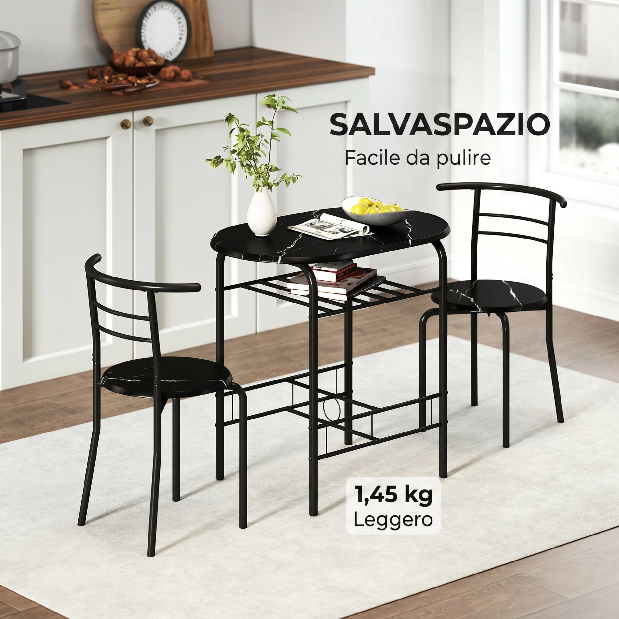 HOMCOM Set Tavolo Moderno con 2 Sedie per Sala da Pranzo Nero | Set 3 Pezzi, Mobili Salvaspazio da Cucina, Balcone, Ristorante o Bar