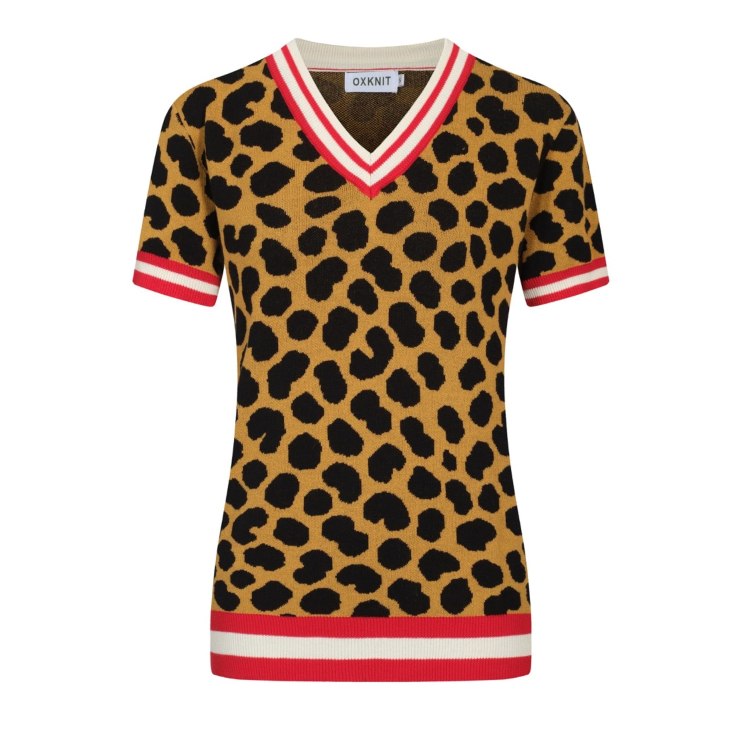 OXKNIT Camiseta de manga corta para mujer, estilo retro, marrón, cuello de pico, camiseta de punto de algodón con leopardo jacquard