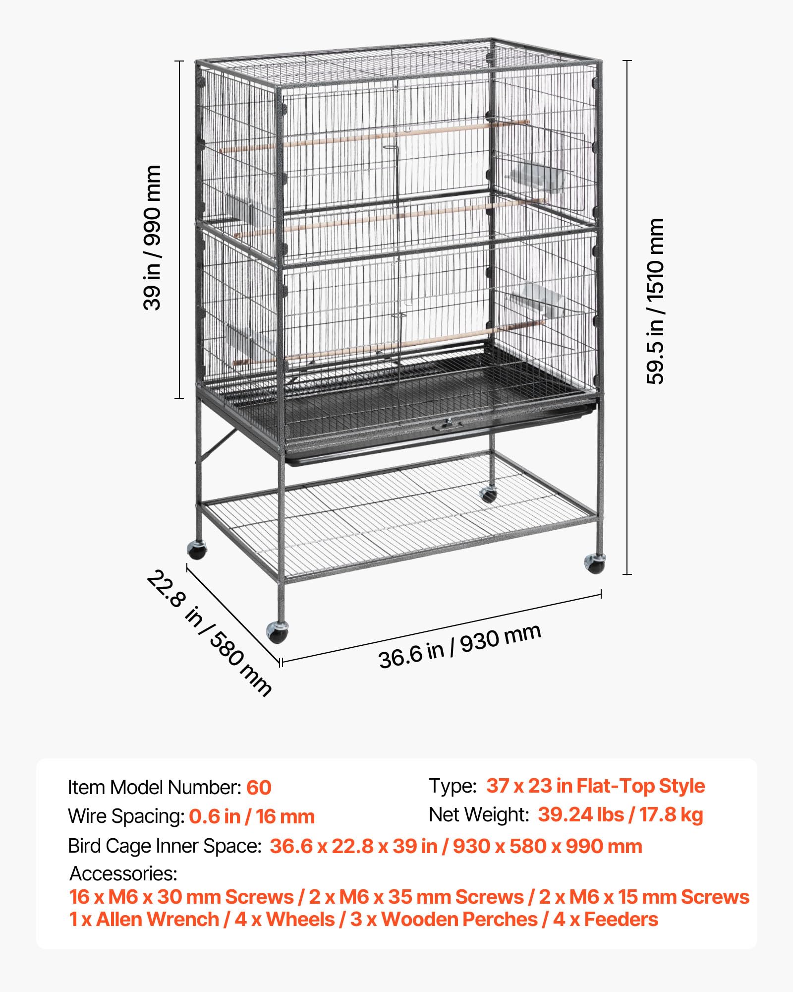 VEVOR Jaula para Pájaros, 930 x 580 x 1510 mm, Tapa Plana, Hierro Forjado, con Perchas, Bandeja Extraíble, Comederos de Plástico, para Herrerillo Común, Cacatúa NINFA, Canario, Loro Gris Africano