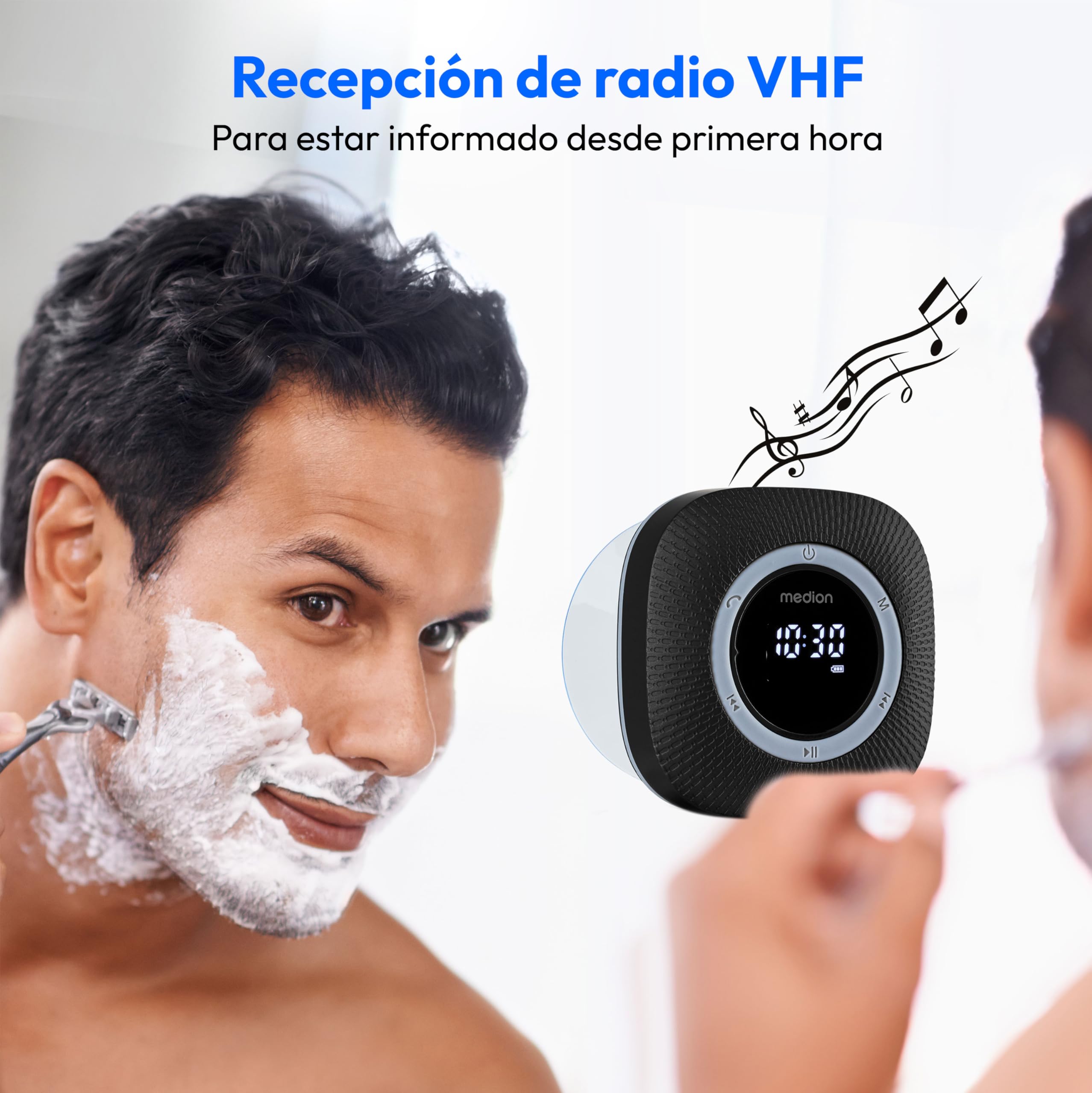 MEDION P66096 Radio de Ducha con Bluetooth (Radio de baño, Radio FM, Ventosa, Pantalla LED, Impermeable IPX6, batería Recargable integrada, MD43884) Negro
