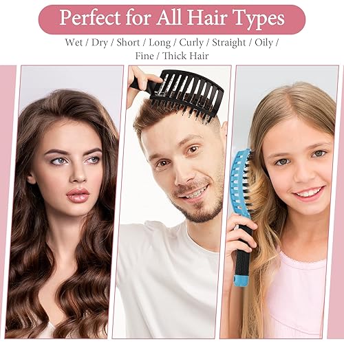 Miniatura 6 de Zopeal 9 cepillos desenredantes a granel con cerdas de jabalí, cepillo desenredante curvado y ventilado para mujeres y hombres, brillante,