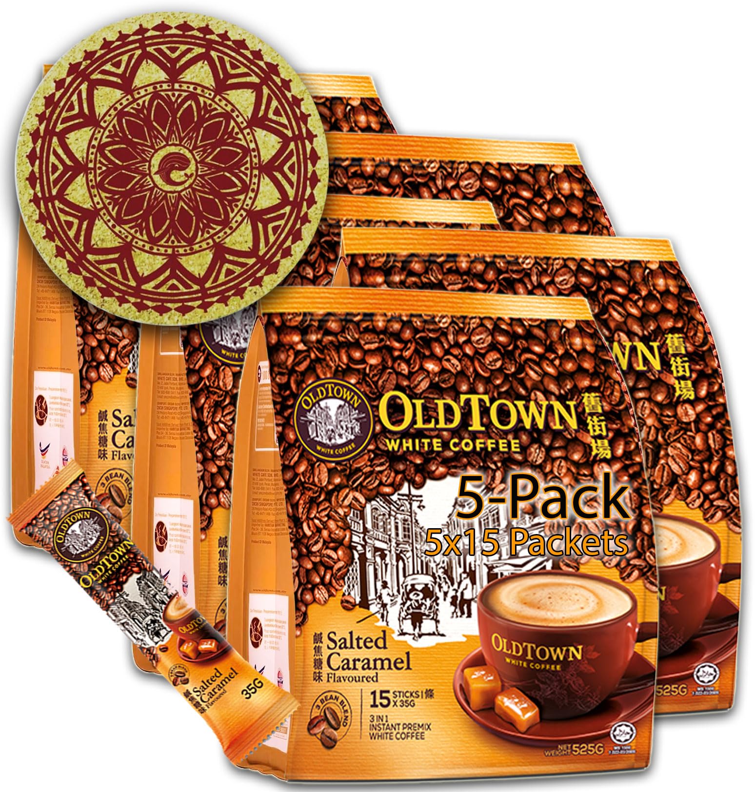 5-Pack OLDTOWN (Salted Caramel) White Coffee 3 in 1 Asian Instant Coffee Package with a Cork Coaster, old town White Coffee 75 Packets with a Random Flavor Sample Packet
