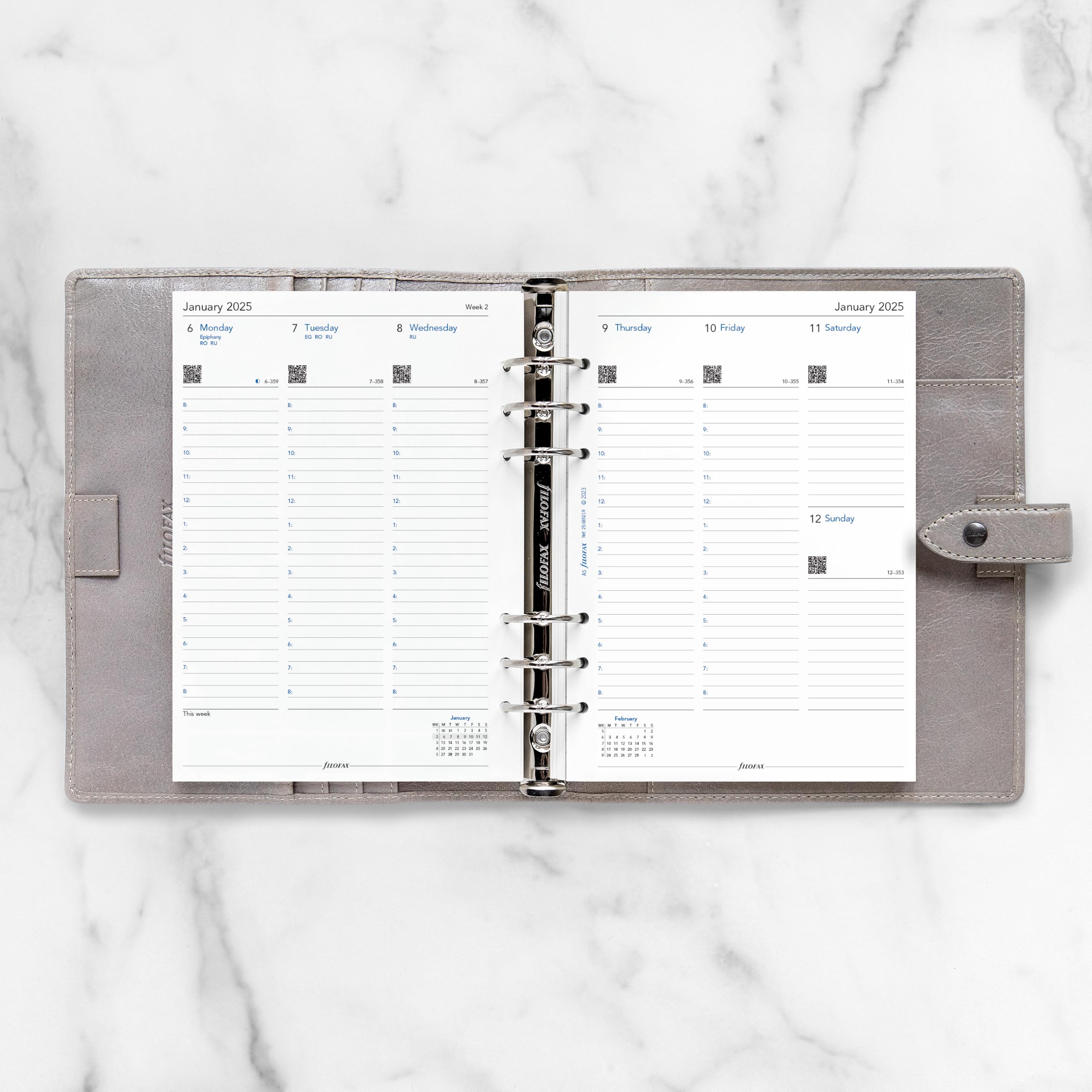 Filofax Ricarica per agenda con calendario, formato A5, visualizzazione settimanale con appuntamenti, carta bianca, in lingua inglese 2025 (C68521-25)