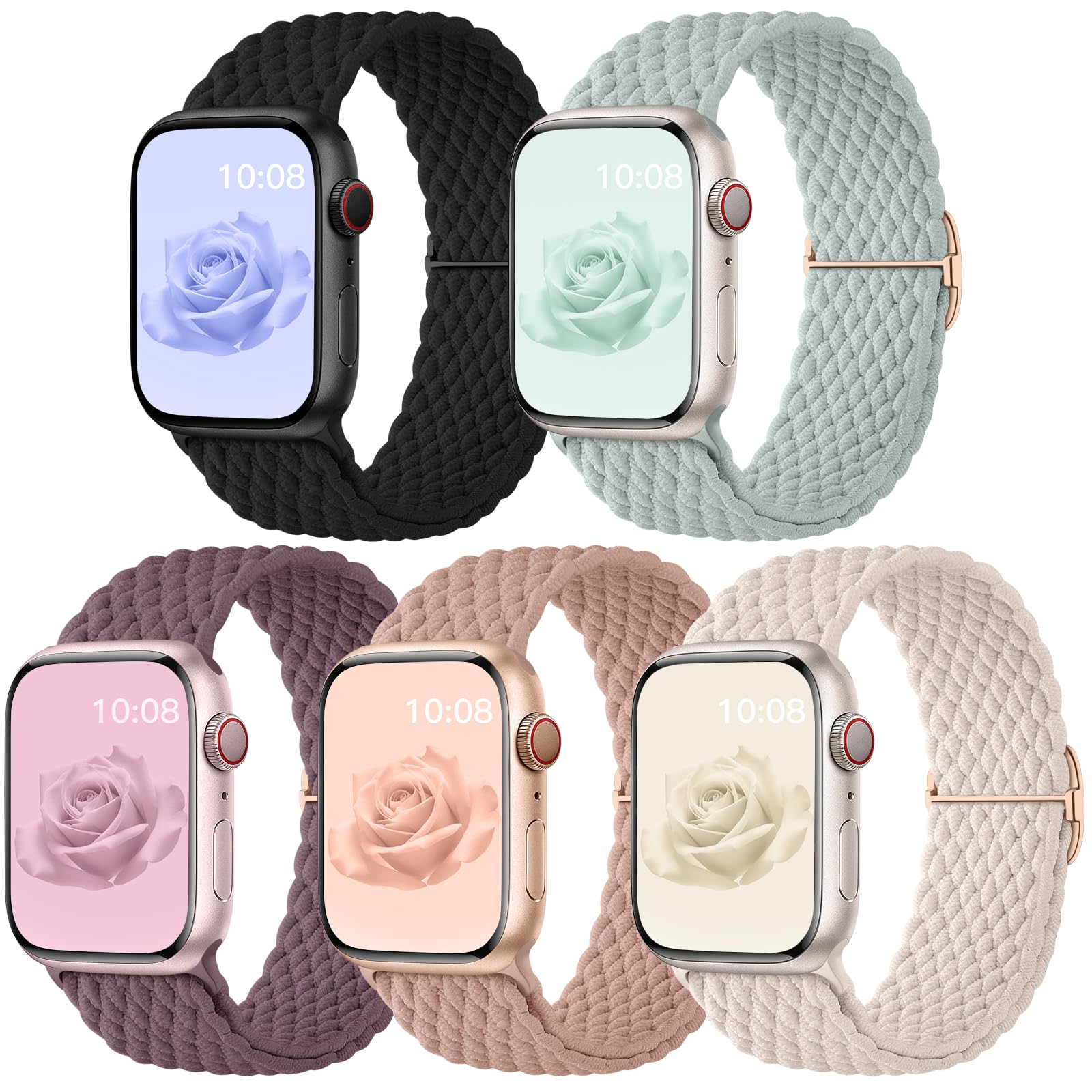 Lenrao 5 pack Stretchy Braided Solo Loop Compatible with Apple Watch Bands 38mm 40mm 41mm 42mm 44mm 45mm 49mm for Women,Elastic Nylon Adjustable Sport bands for iWatch Series 10 9 8 7 6 5 4 3 SE Ultra