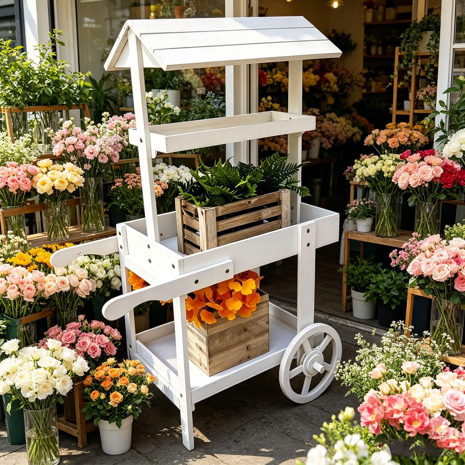Questo Carrello portafiori in Legno con Ruote, Carrello Scorrevole per Esposizione, Carrello Rustico per Caramelle, Fiori, Caramelle, bomboniere, Articoli Artigianali (Blu)