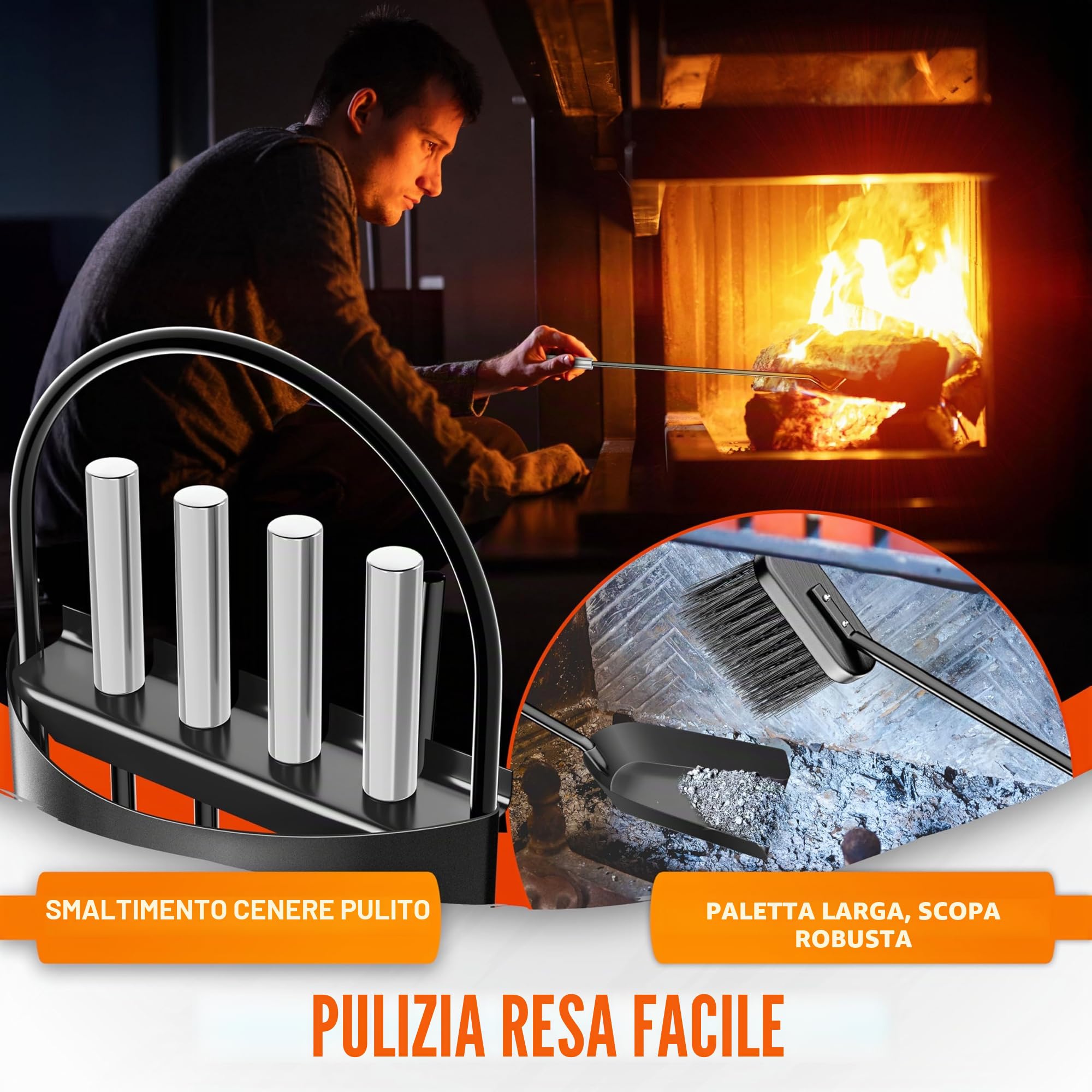 KESSER® Accessori per camino Kit caminetto da 5 pezzi - design moderno, rivestito, Set per caminetto 5 pezzi: scopino, paletta, attizzatoio, pinza, supporto porta-attrezzi, Nero