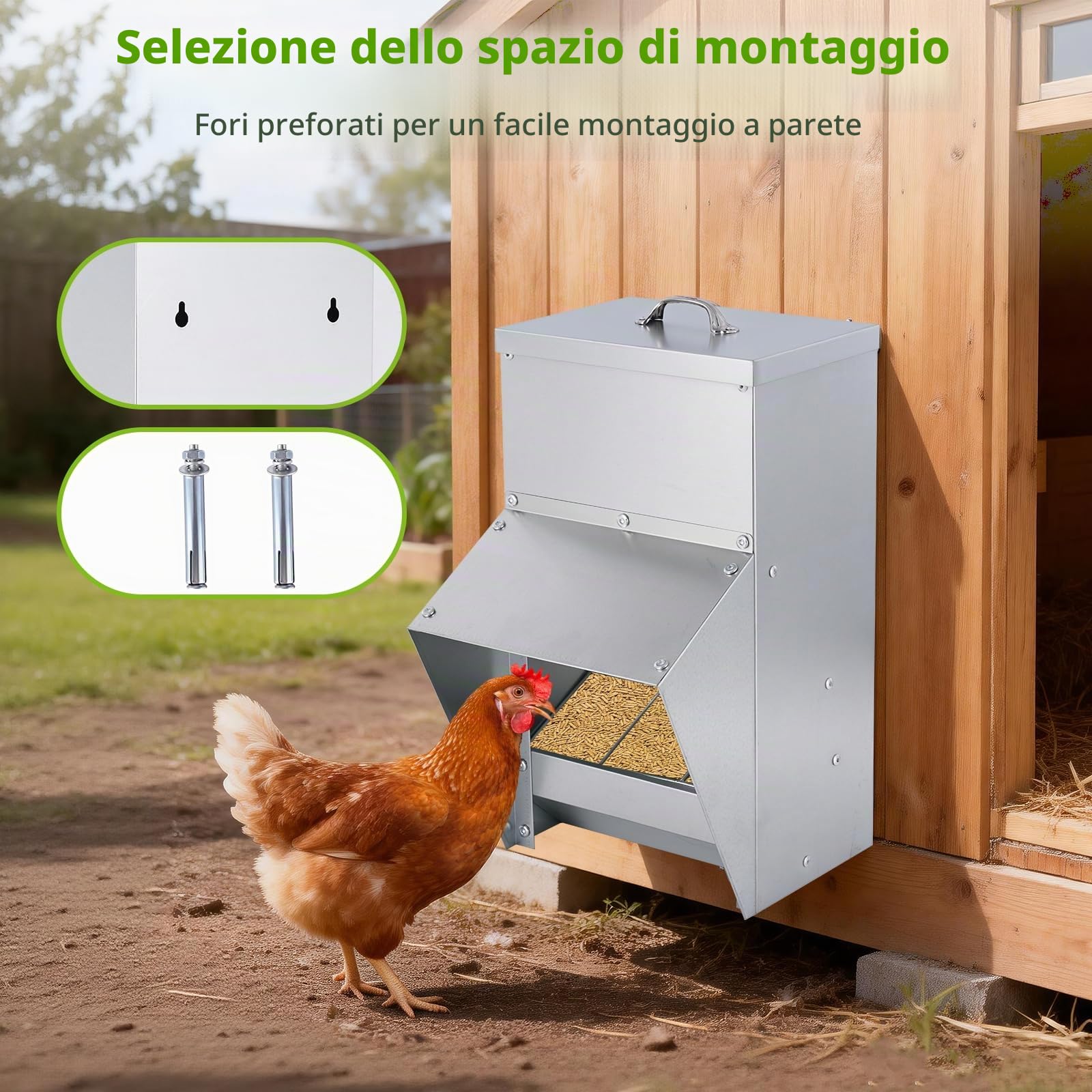 BAOSHISHAN Mangiatoia automatica per polli | Mangiatoia a muro 10 kg con coperchio per polli, anatre e oche