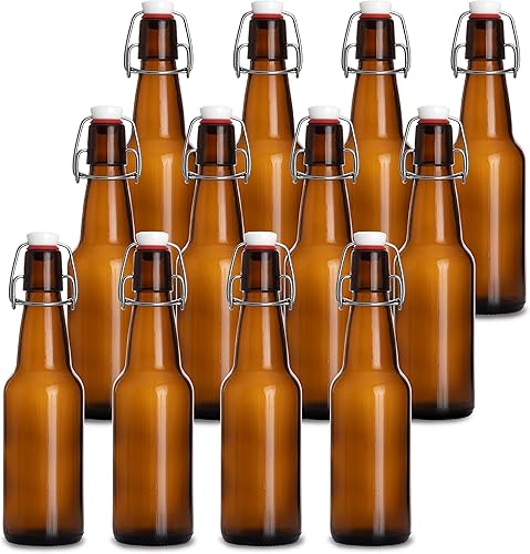 Barcaloo Botellas de cerveza de vidrio ámbar con tapa abatible de 12 onzas para elaboración casera, juego de 12 con tapas abatibles para embotellado