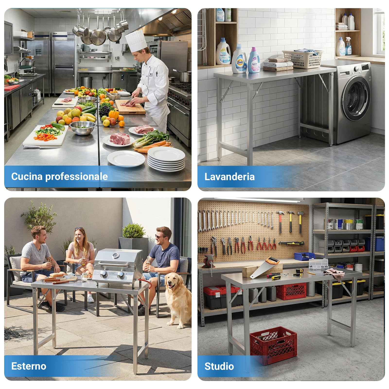 TLSUNNY Tavolo da Lavoro Cucina Pieghevole in Acciaio Inox 120x60cm, Banco da Lavoro Cucina Commerciale Professionale con 5 Ganci, Gambe Regolabili,Capacità 250kg,Tavolo di Preparazione per Ristorante