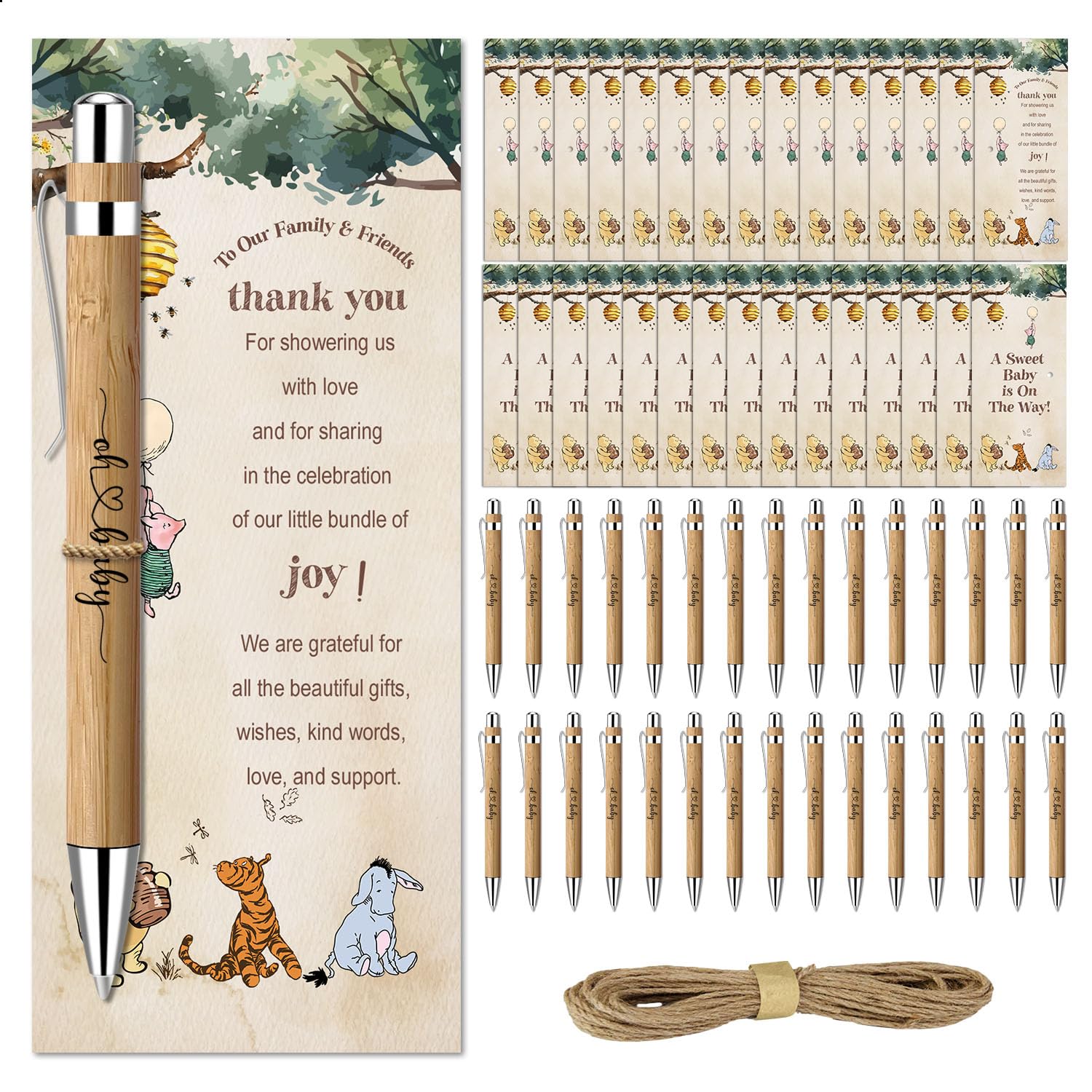 Toerifer 30 Pieces Baby Shower Gifts for Guests, Winnie Baby Shower Sets, Included Bamboo Pens Greeting Cards, Gender Reveal Souvenirs Prizes, Winnie