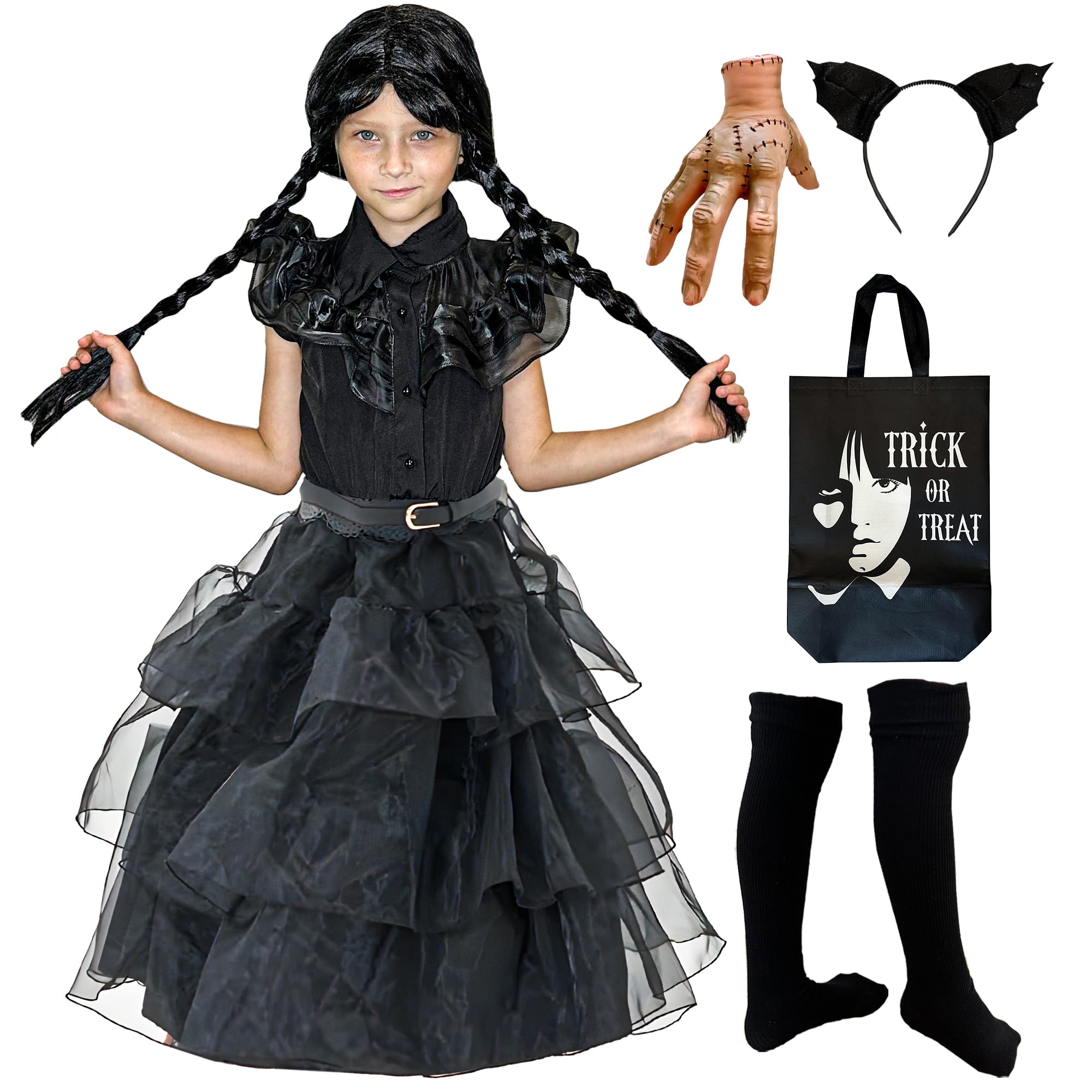 SpookyFit Halloween Dress - Complete Costume Set for Girls | Halloween | Black Dress, Wig, Gloves, Thing, Adjustable Bag, Belt & Headband | 5-6T, 35 ½” Inches Length, Up To 22”