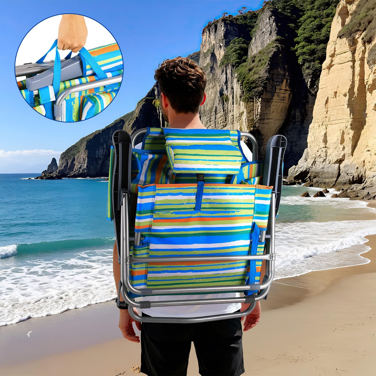 LIFERUN Strandstuhl Klappbar,2er Set,mit Verstellbare Rückenlehne,Grün | Rucksackfunktion, 4-stufig Verstellbar, mit Kühlfach, Kopfstütze, Lendenkissen & Atmungsaktivem Oxford-Gewebe für Outdoor