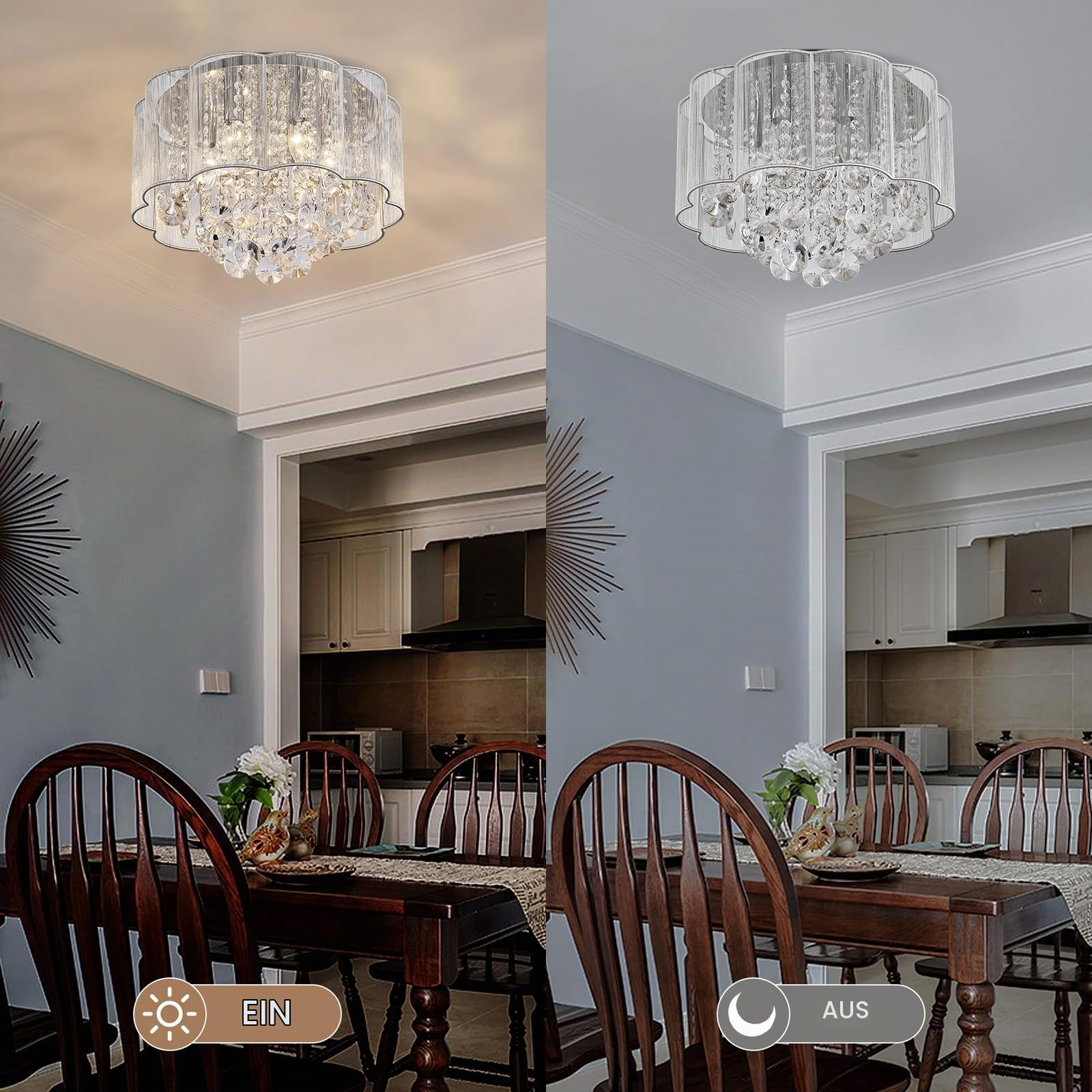 BESTIER Moderne Crystal Regentropfen Kronleuchter Beleuchtung Unterputz LED Deckenleuchte Pendelleuchte für Esszimmer Badezimmer Schlafzimmer 6 E14 Lampen Erforderlicher