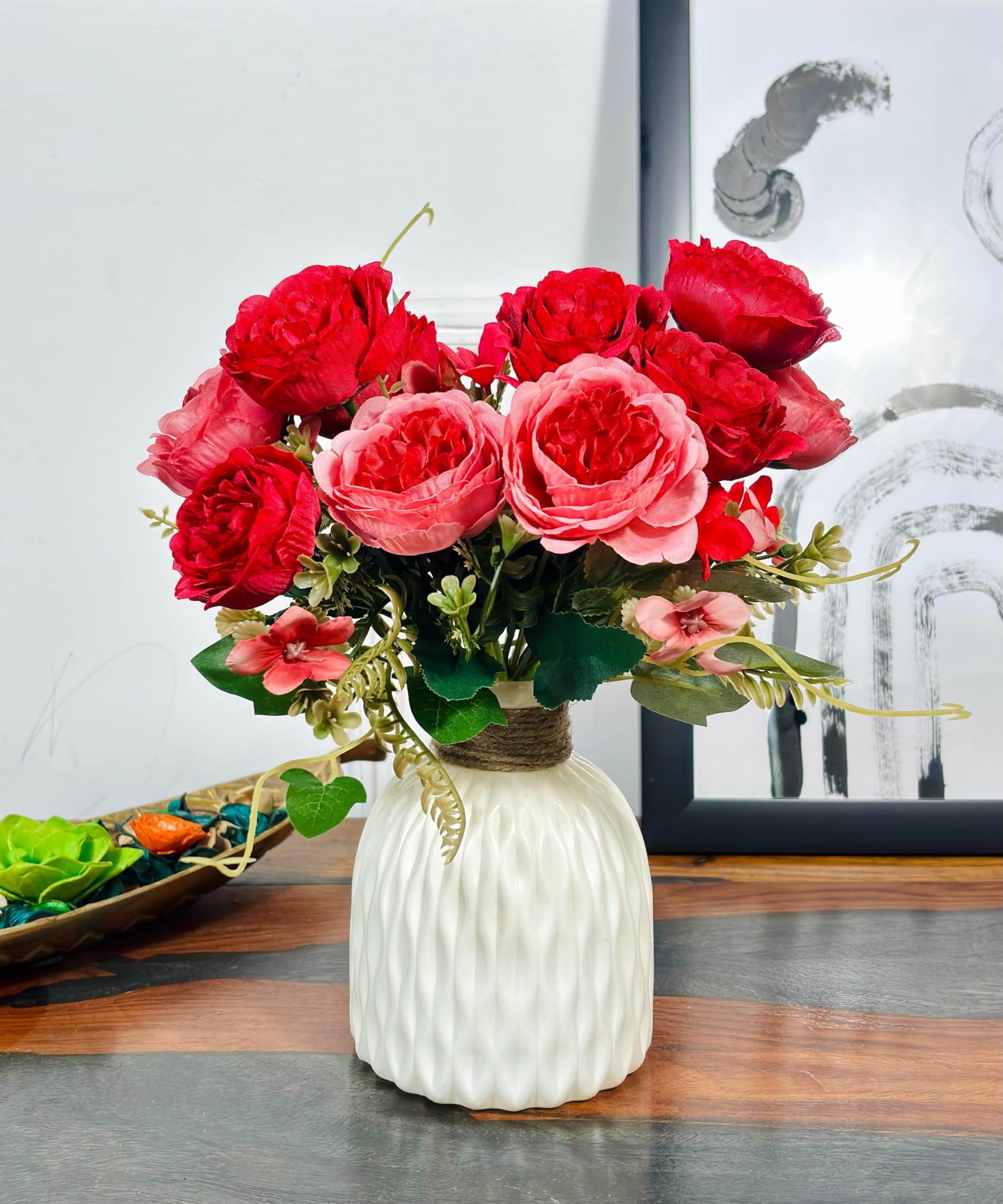Dekorly Artificial Peony Flowers Bunch | White Vase with Flowers Bunch | Artificial Plants for Home Office Hotel Decor | Bedroom Living Room Bathroom Decor (Red, Height : 30CM)-image-22