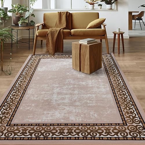 Antep Rugs Alfombras Bordered Modern 4x6 antideslizante (antideslizante) de pelo bajo con parte trasera de goma para interiores (marrón dorado, 4