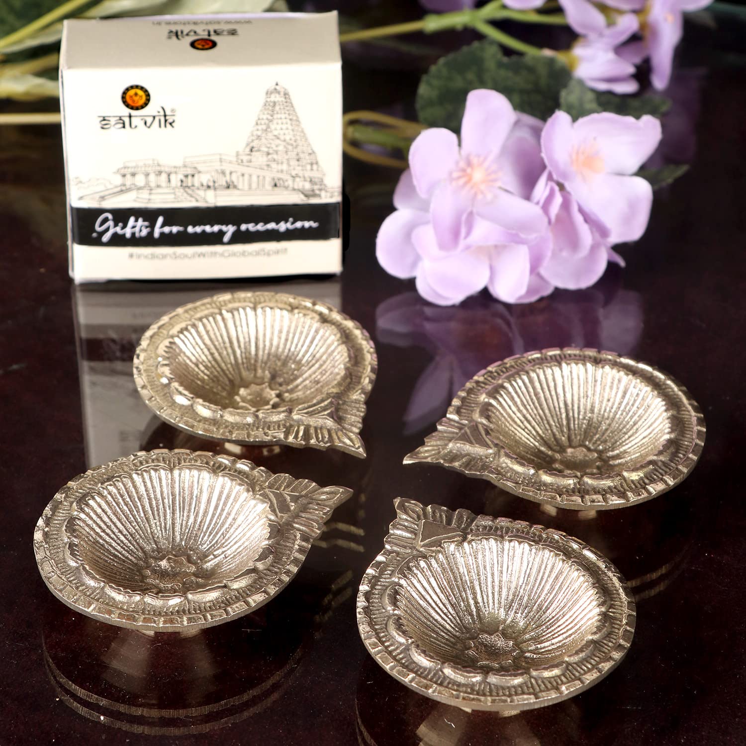Satvik 6 Pc Brass Laxmi Diya Engraved Floral Design Pooja Diwali Home Mandir Decor Oil lamp Kutthu Vilakku Nilakku Lakshmi Pujan Deepak Deepam Tea Light Holder Dia Indian Housewarming Return Gift Item - Image 3