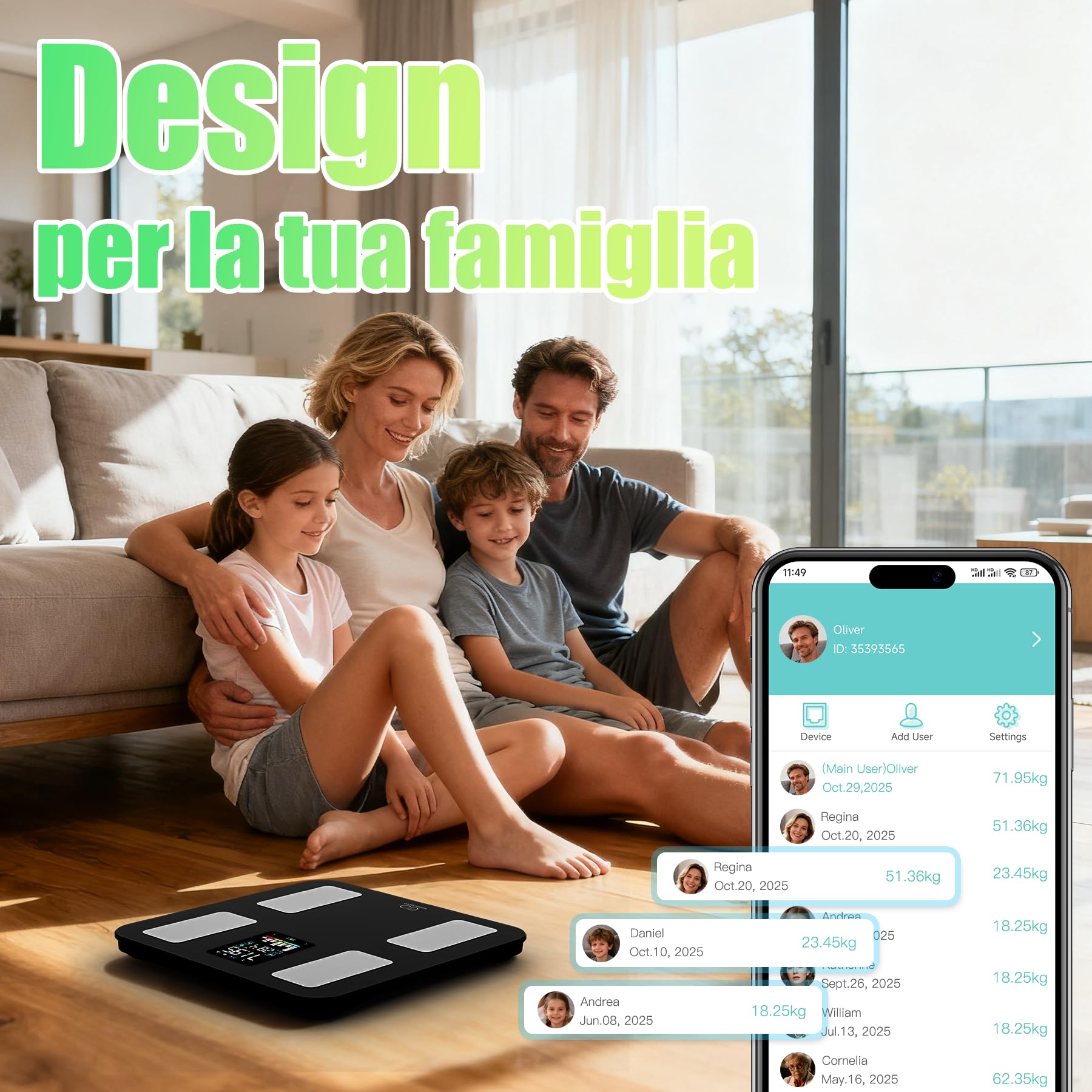 Bilancia digitale da bagno con 4 elettrodi, 20 dati corporei, compatibile con iOS e Android, max 180 kg