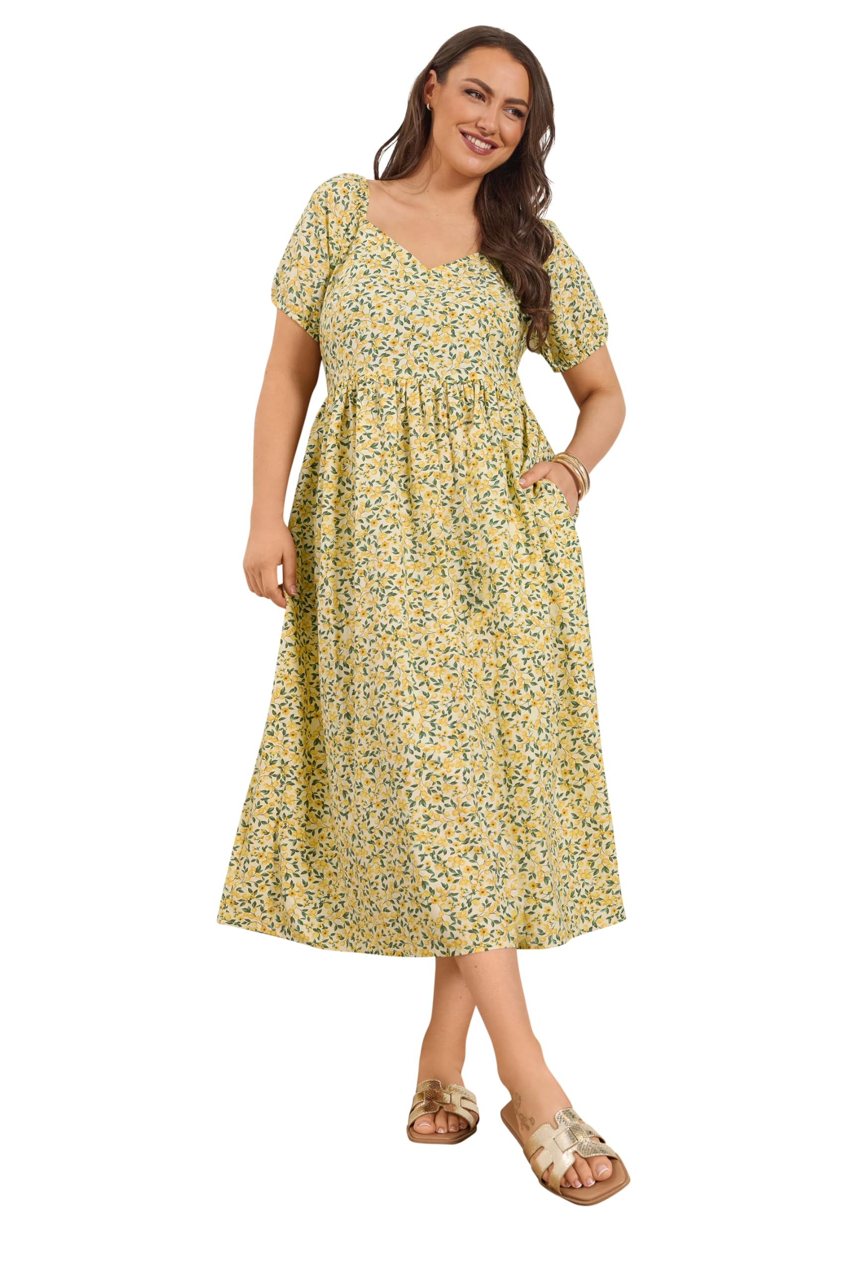 Yours Women's Yellow Lemon Print Midi Dress In | Size: 14