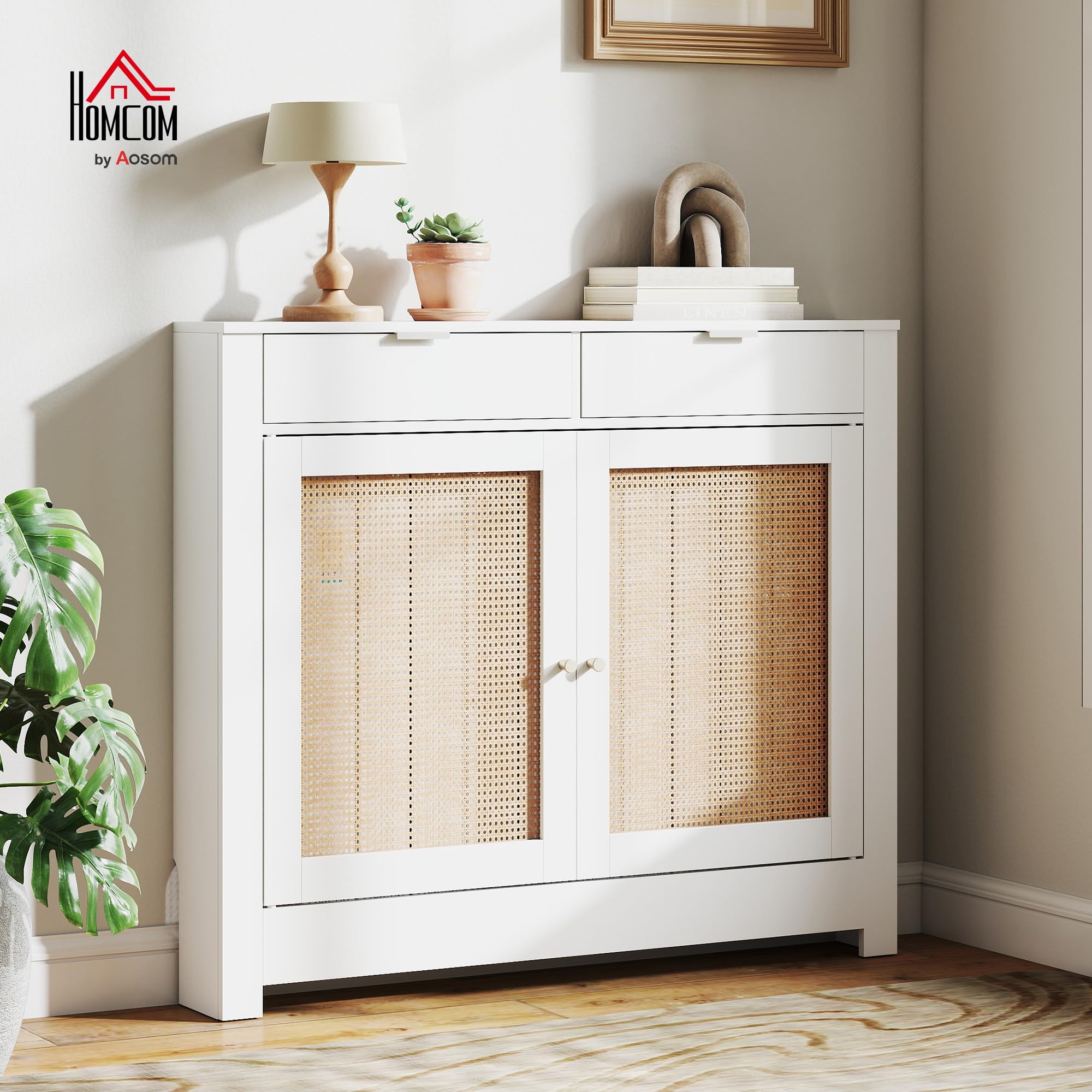 HOMCOM Cubre Radiadores con Puerta Abatible y Ratán 111x19x95,5 cm Blanco | Cubreradiador de MDF, Cubierta para Radiador, Compartimento, Diseño Bohemio, para Salón, Dormitorio