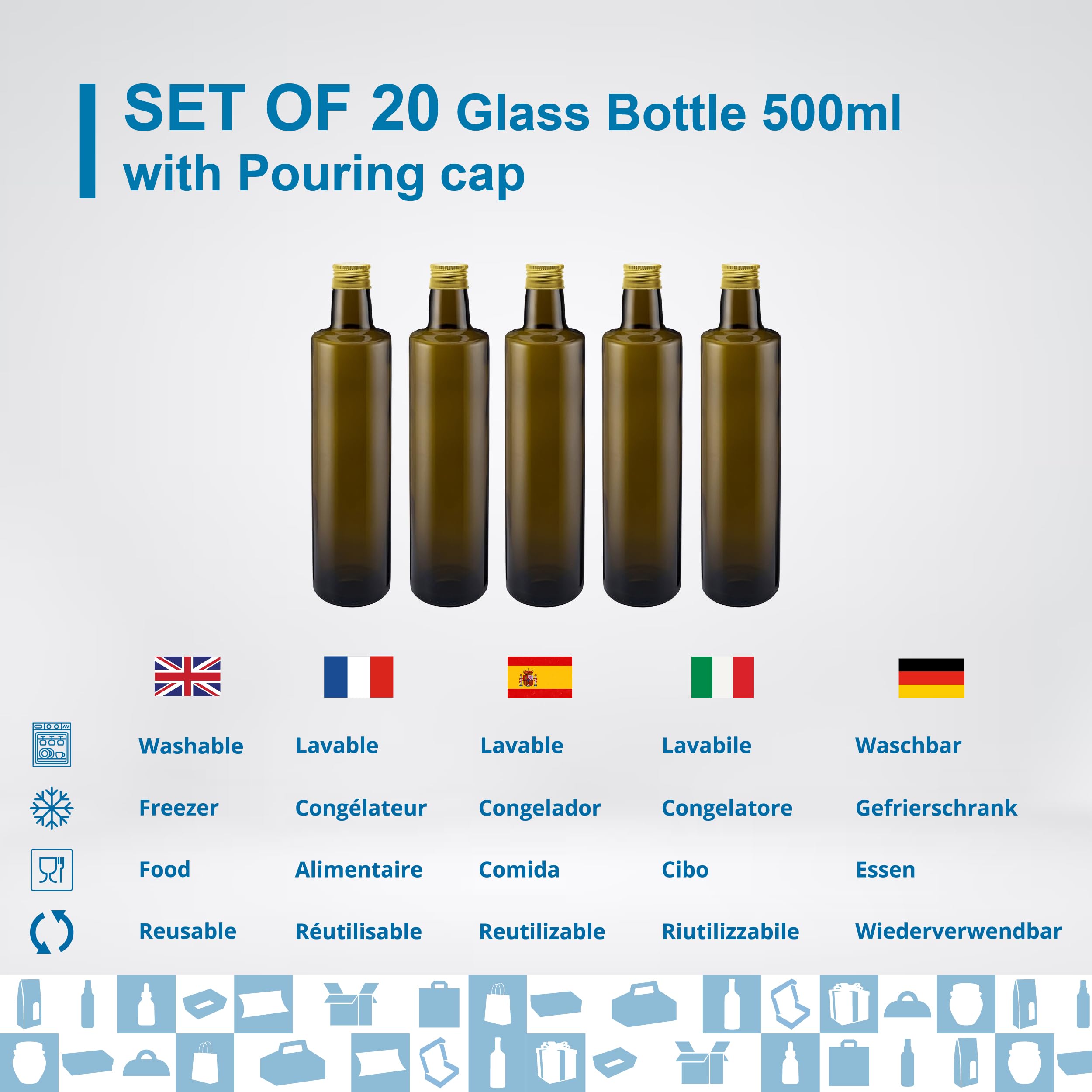 20 Botellas de Cristal Oscuro 500 ml con Tapón de Rosca Dorado y Boquilla Vertedora – Aceitera para Aceite de Oliva, Vinagre y Salsas | Espirito Rebelde