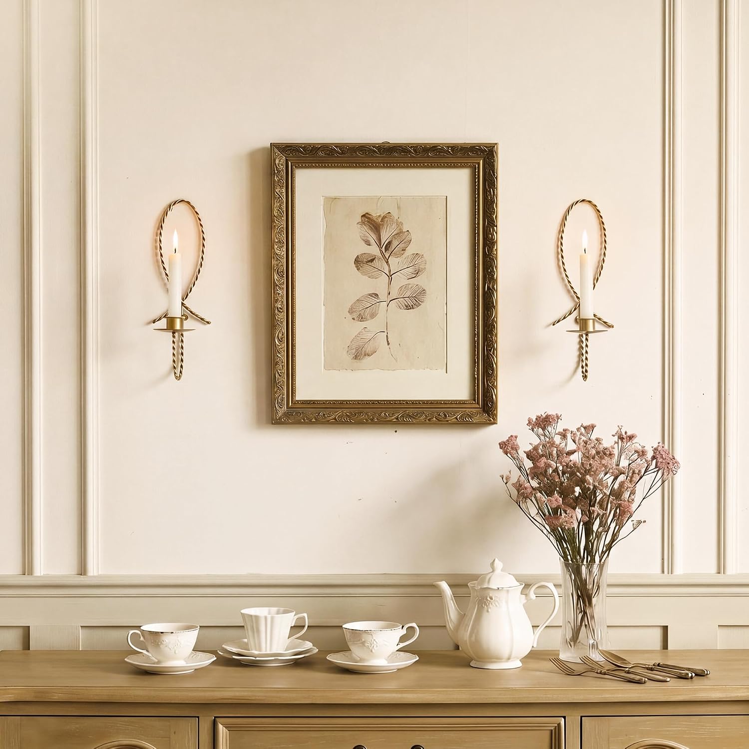 SOFFEE DESIGN 2PCS Gold Twisted Wire Wall Sconces, Minimalist Vintage Metal Candle Holders for 0.9” Taper Candles, with Wax Catcher for Hallway Decor
