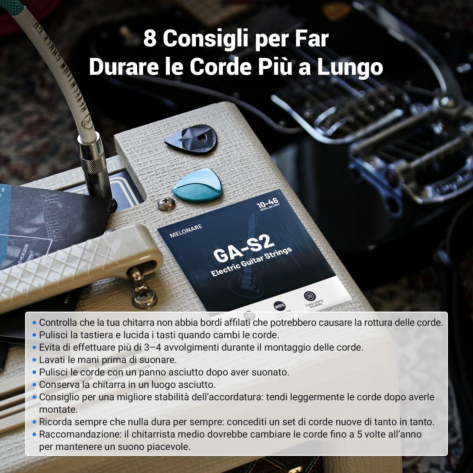 MELONARE Corde per chitarra elettrica, estremità a sfera, avvolgimento in acciaio nichelato, anima esagonale e rivestimento antiruggine, 10–46 Regular Light, confezione da 10 (GA-S2-10)