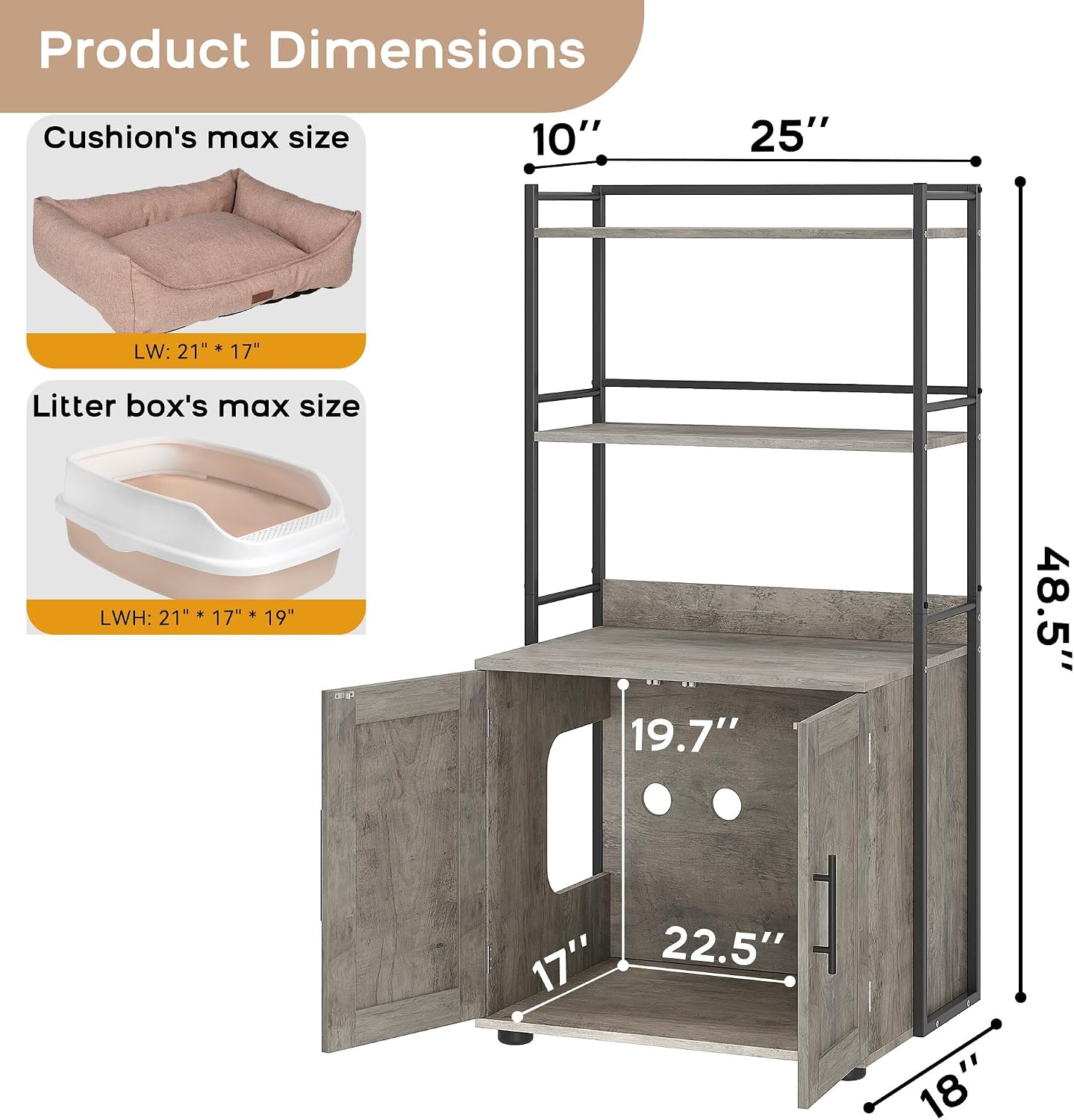 Diagram showing the dimensions of the PeakPursuit Cat Litter Box Enclosure Cabinet.