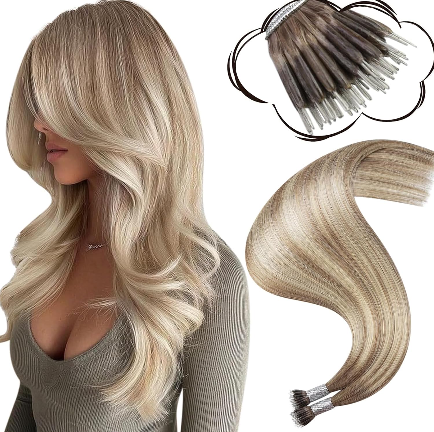 Moresoo Nano Hair Extensions Real Human Hair Balayage Light Brown with Medium Blonde Nano Beads Hair Extensions Light Brown Ombre 16 Inch Invisible Cold Fusion 1G/S 50G/Pack #8/22/8