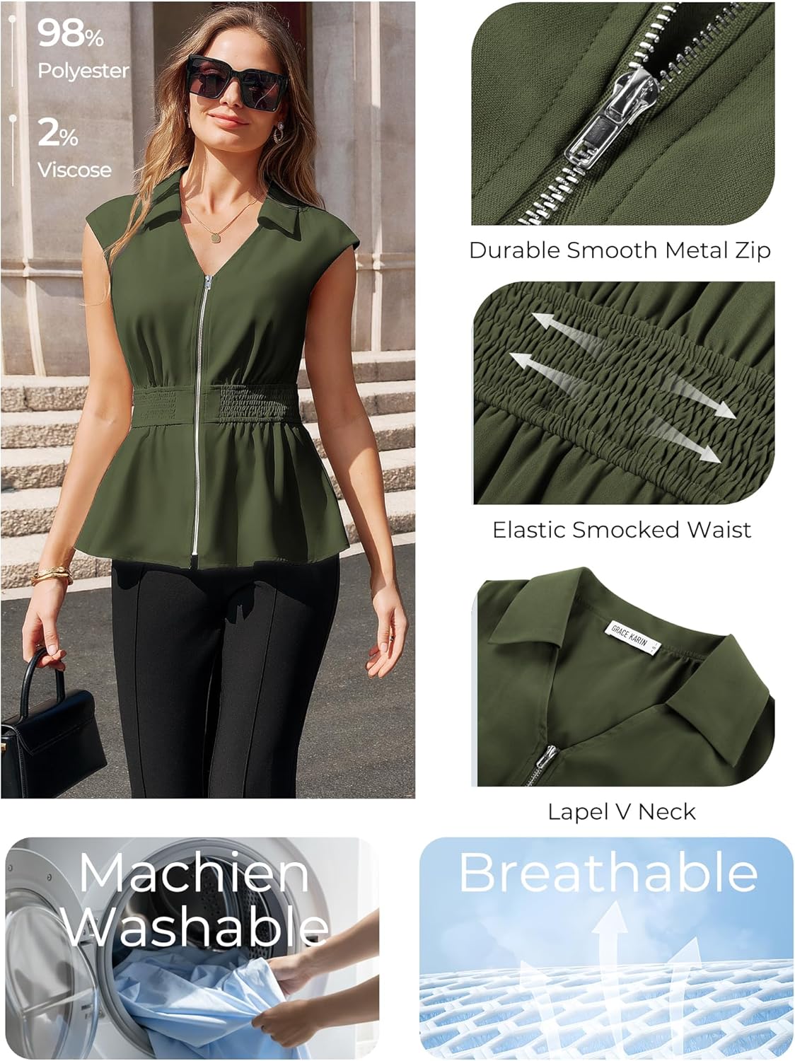 GRACE KARIN Womens Peplum Tops Business Casual,Dressy Work Blouses Short Sleeve,Zipper V Neck Shirts Cinched Smocked Waist - Image 4